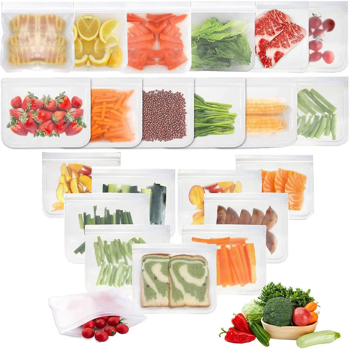MOPUEA Gemüsebeutel Silikon Vorratsbeutel 22er Set, (Lebensmittel-Frischhaltebeutel, 22-tlg), Wiederverwendbare Beutel