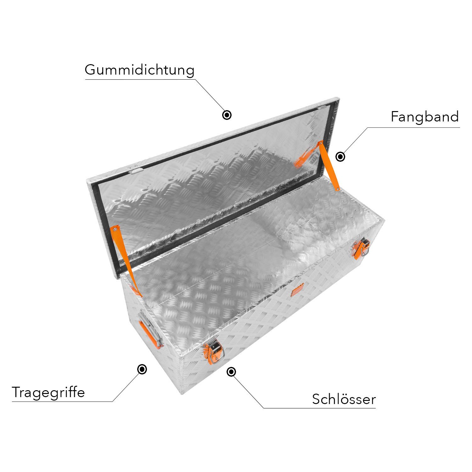 ALUBOX Aufbewahrungsbox mit Deckel Alukiste Riffelblech (105 Liter), Fangbänder im Deckel - Dichtung im Deckel - 1,5 mm Blechstärke