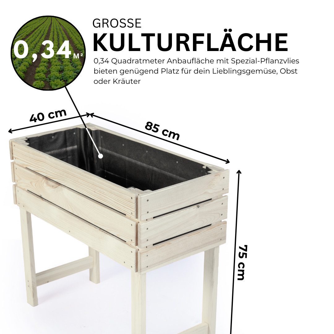 Mega-Holz Hochbeet Balkon-Hochbeet - Kiefer - STELZO M 85x40x75 cm (Funktionsset, aus naturbelassener europäischer Kiefer), Bequeme Arbeitshöhe