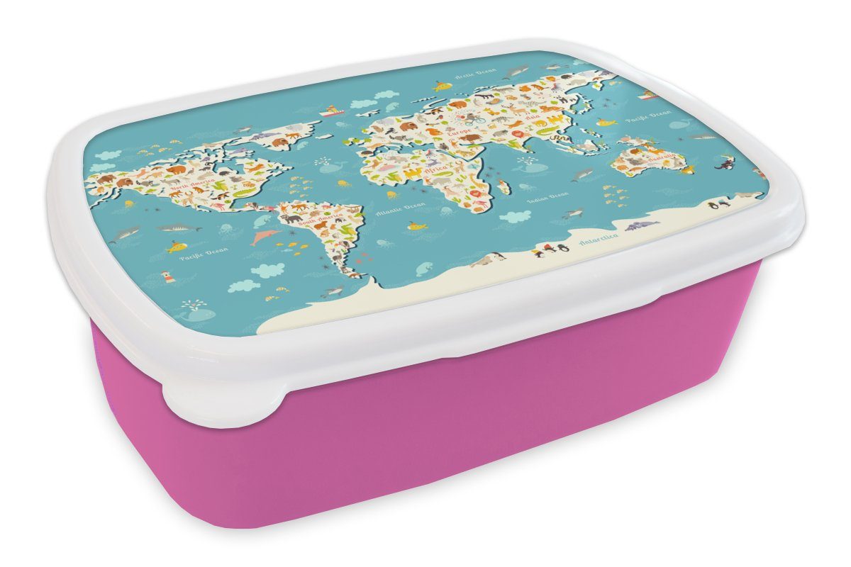 MuchoWow Lunchbox Weltkarte - Kinder Kinder, Mädchen, Mädchen, Erwachsene, - Kunststoff rosa für Brotbox - (2-tlg), Jungen Brotdose Kunststoff, - Kinder Tiere - Snackbox