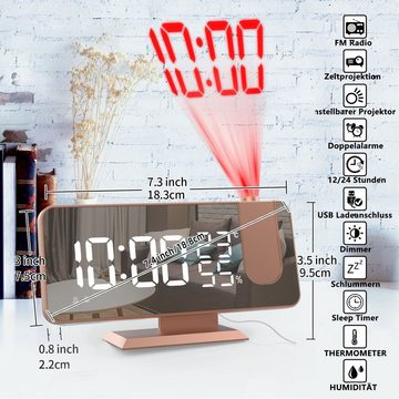 OKWISH Projektionswecker Digital Wecker Radiowecker Digitalwecker Projektion LED Alarm Radio ohne Akku Projektion 180 ° Dual-Alarm Temperatur 12/24H USB-Anschluss