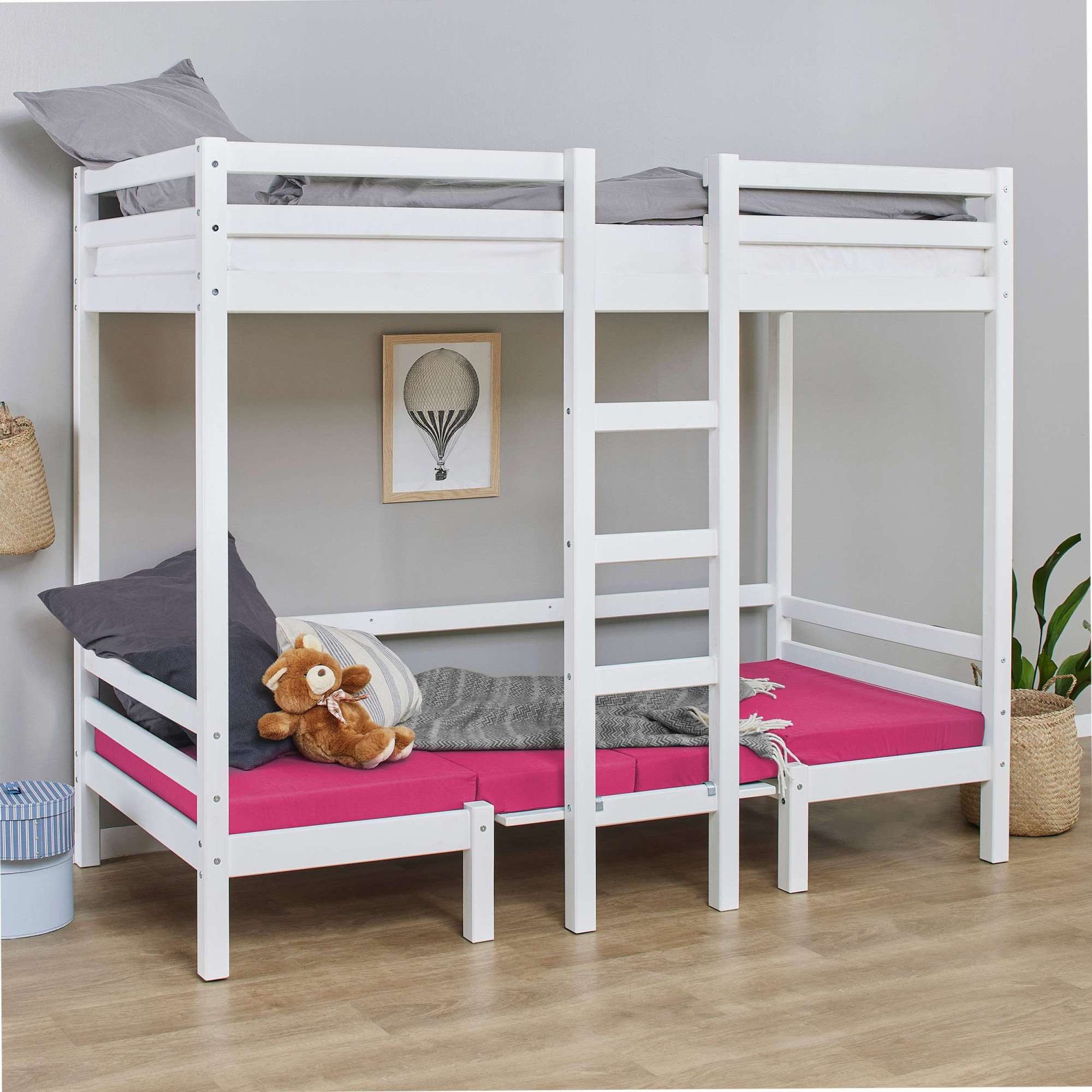 Hoppekids Etagenbett ECO Dream JUMBO Hochbett B/T/H 101/208/170 cm, umbaubar zum Etagenbett, Kissen-Set in Pink, Blau oder Schwarz für Sitzgruppe inkl. Tisch