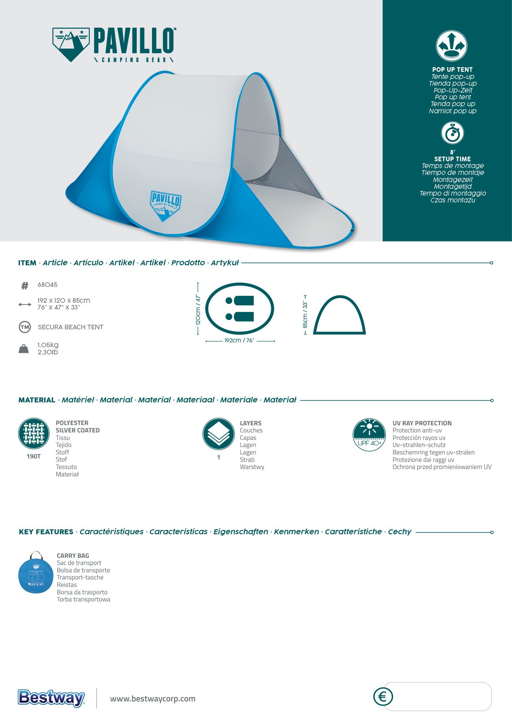 BESTWAY Wurfzelt Pavillo Pop Up Strandmuschel 68045 „Secura Beach“ 192 x 120 x 85 cm, Personen: 2, UPF40+, Inkl. Tragetasche, schneller Aufbau durch Wurftechnik