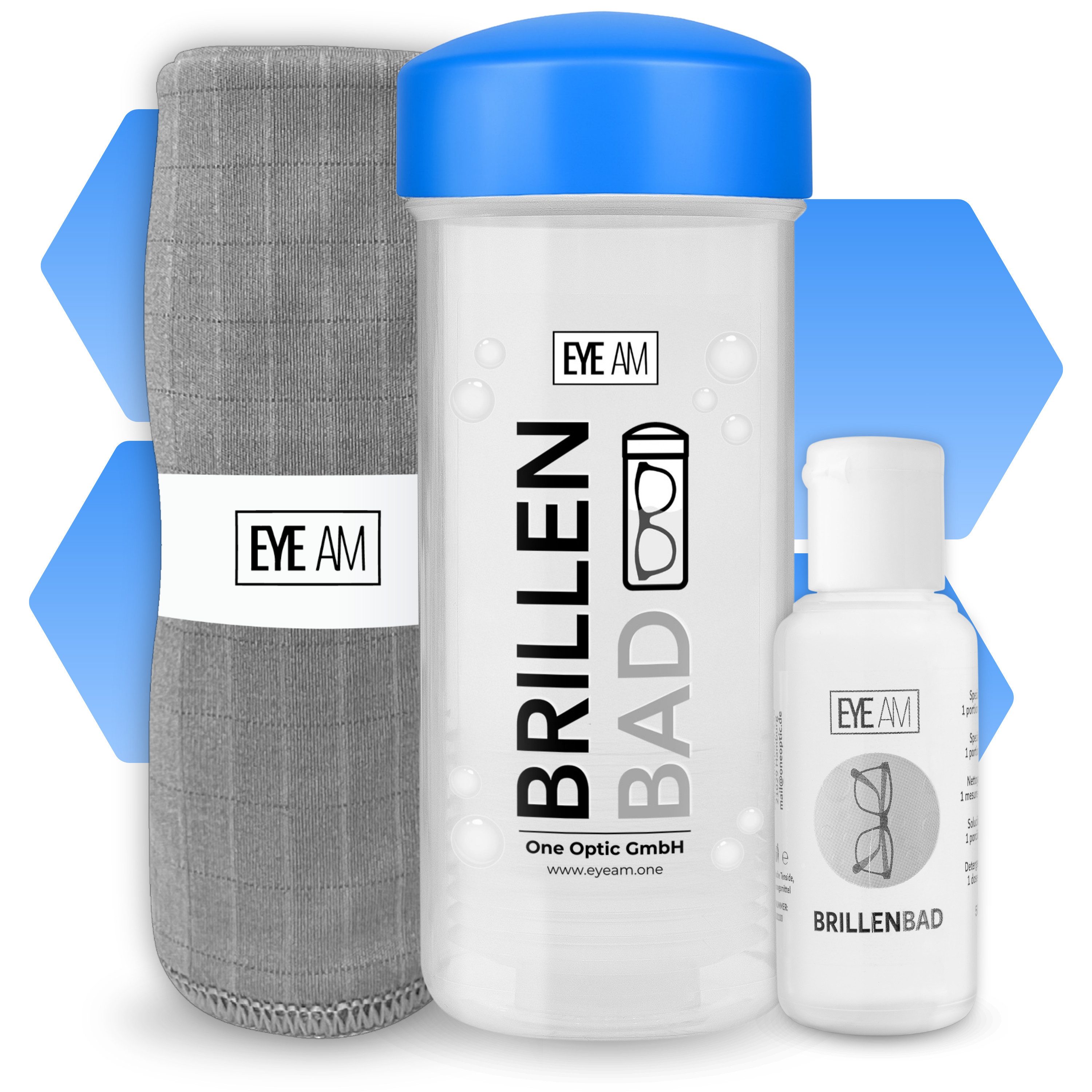 EyeAm Brillenbad Set inkl. 50ml Konzentrat & Mikrofasertuch, Reinigungskonzentrat (im Set mit 50ml Spezialreiniger & Mikrofasertuch 40x40 cm)