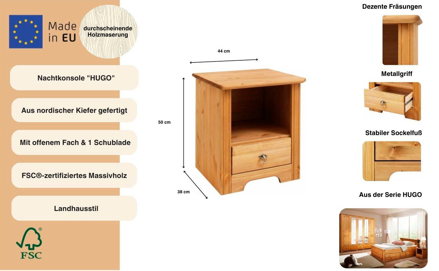OTTO home Nachtkonsole Hugo, Nachttisch mit 1 Schublade, aus massiver Kiefer