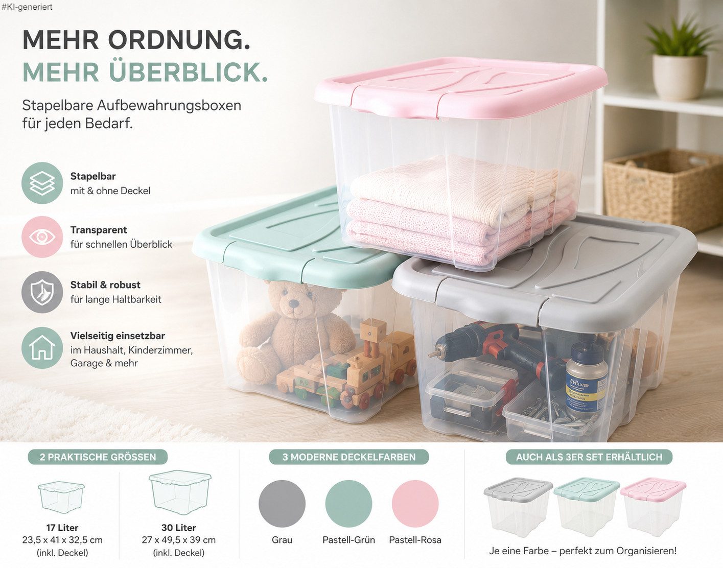 steinwohn Stapelbox mit Deckel 17L / 30L – Stapelbare Kunststoffbox Transparent, für Haushalt, Kinderzimmer & Garage