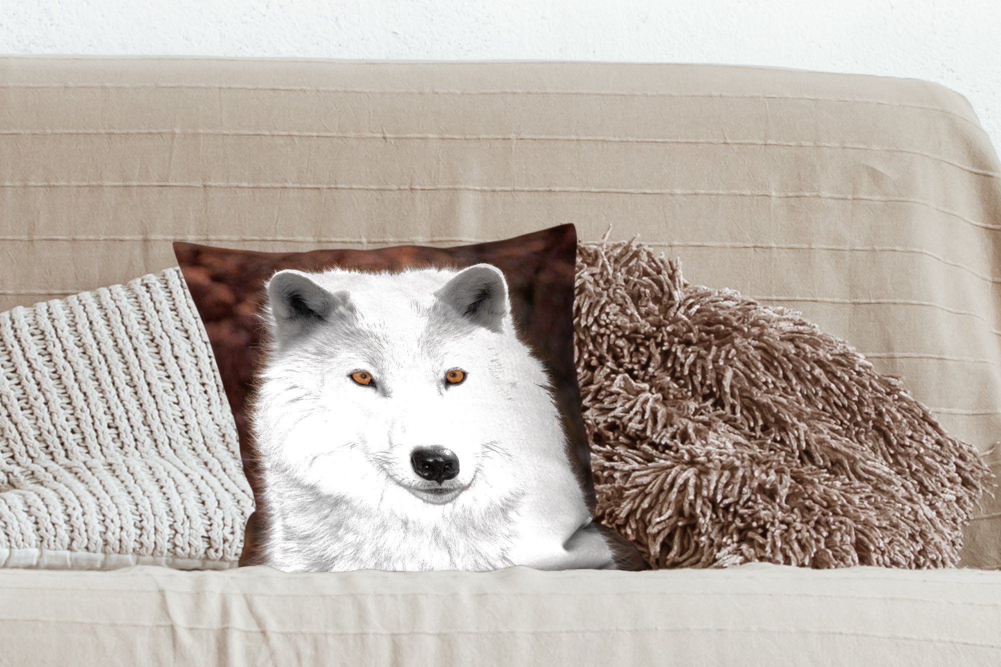 MuchoWow Dekokissen Wolf - für Zierkissen Deko, - Füllung mit Wohzimmer, Porträt, Schlafzimmer, Weiß Sofakissen