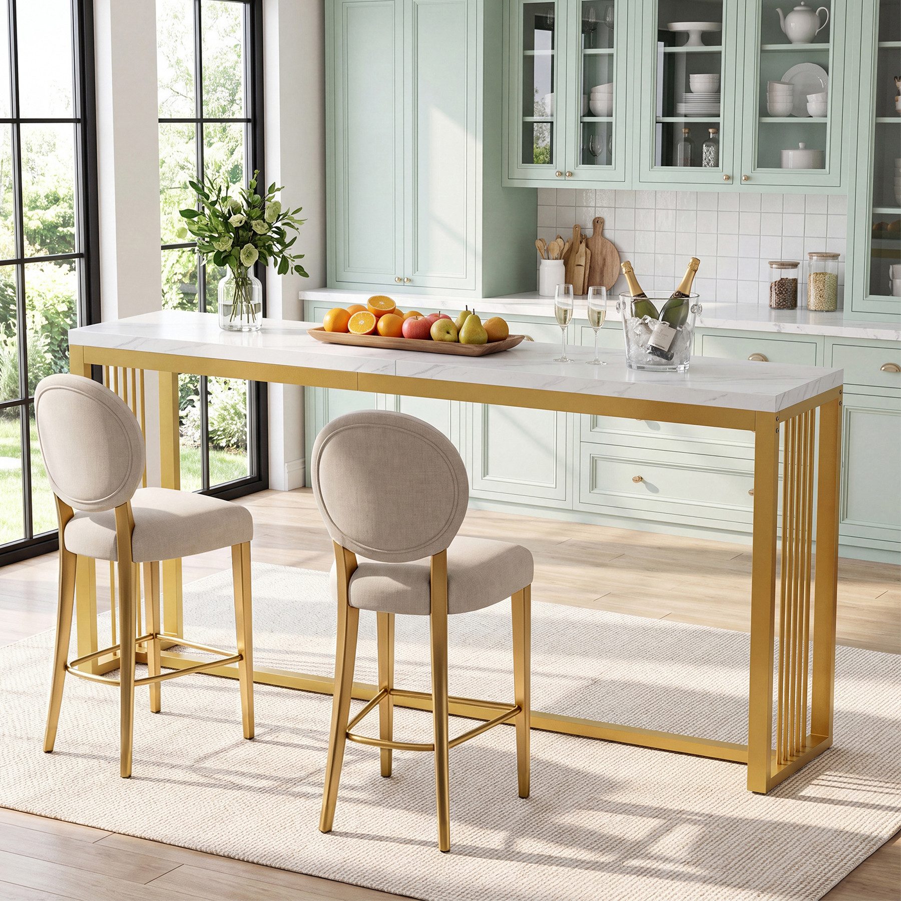Tribesigns Bartisch Extralanger Bartisch 180 cm, Counter-Height Stehtisch in Weiß/Gold, Bartheke, Tresentisch