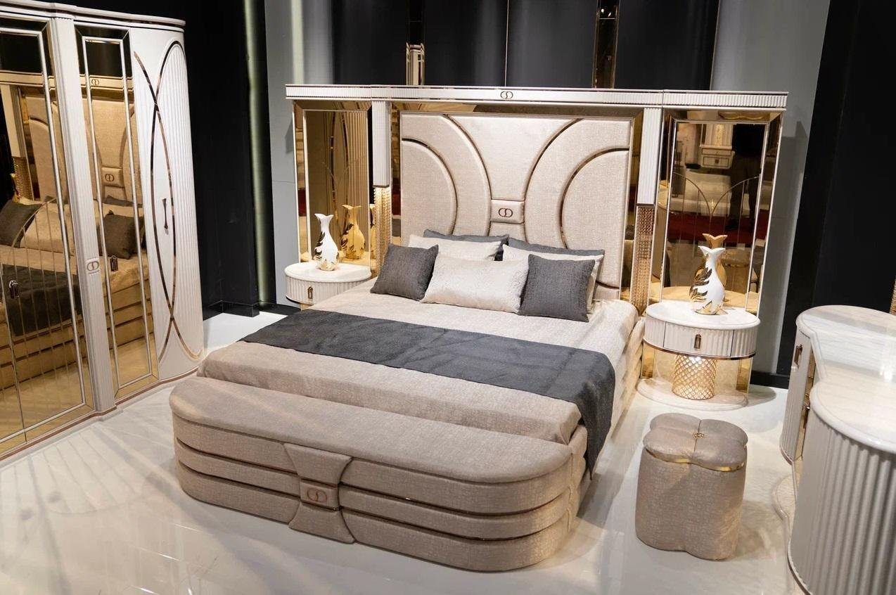JVmoebel Komplettschlafzimmer Schlafzimmermöbel in Holzoptik mit Nachttischen und Kleiderschrank, (7-tlg., Bett,Kleiderschrank, 2x Nachttische,Hocker,Schminktisch-mit-Spiegel), Made in Europa