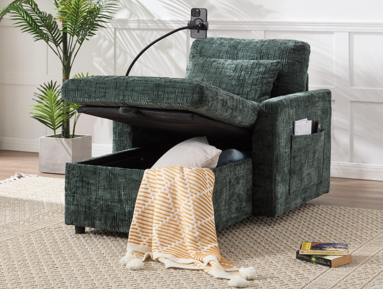 LVHOM Relaxsessel Chaiselongue, Ottomane, Polsterliege, Einzelsitz mit XXL-Stauraum (integriertem verstellbarem Smartphone-Halter, Sitzbox-Stauraum (122x55,5x23 cm), Bequeme Sitzgelegenheit mit seitlicher Ablagefläche, Rückenlehne, 1-Sitzer, 2 Nackenkissen), kleinen Räumen, Mietwohnungen, Wohn-/Schlaf-/Arbeitszimmer,Büro,Balkon