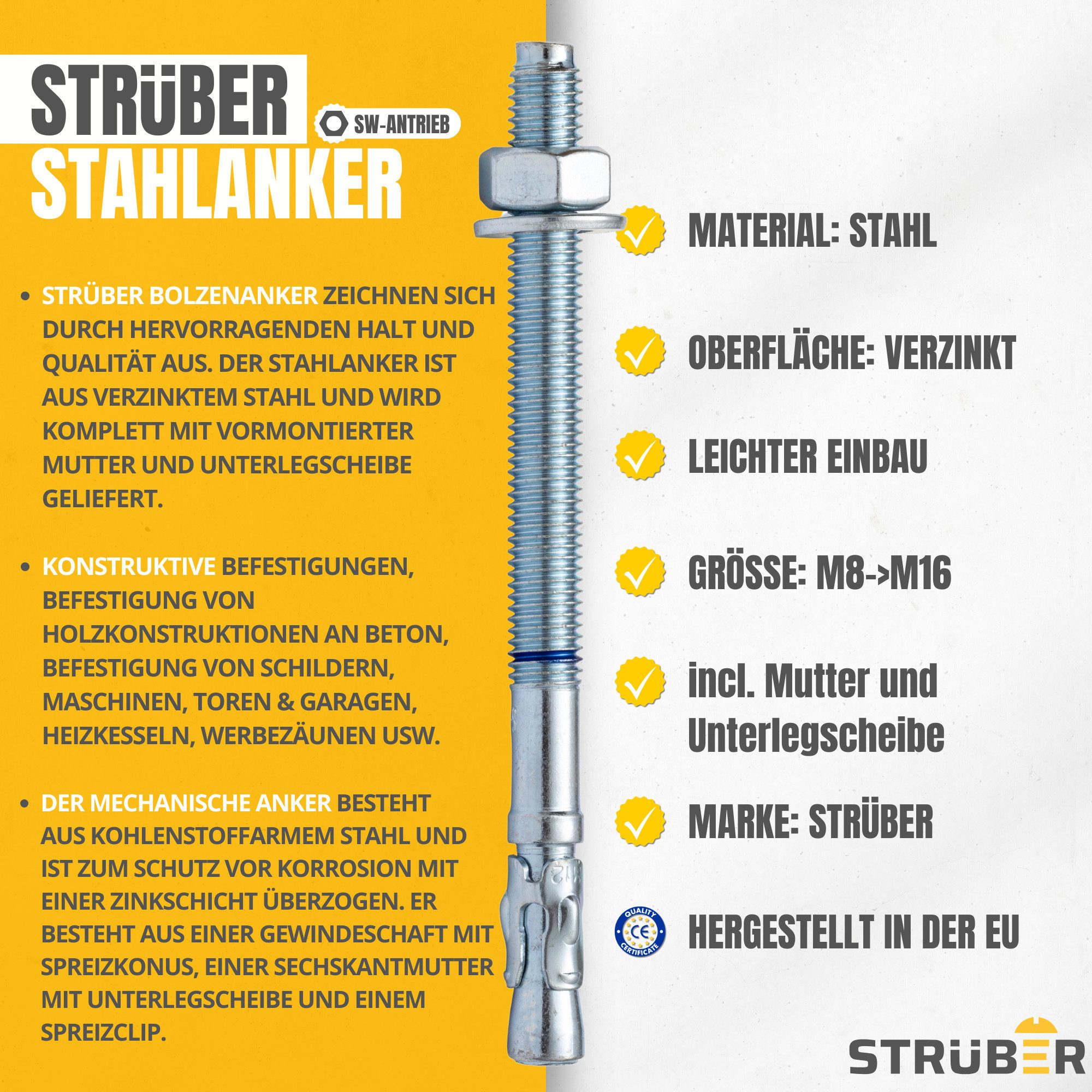STRÜBER Schrauben- und Dübel-Set Bolzenanker Keilanker Schwerlastdübel verzinkt M8 - M16, (10 St)