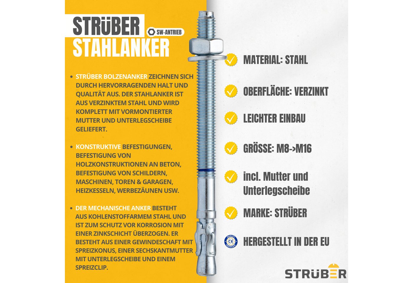 Thumbnail - STRÜBER Schrauben- und Dübel-Set Bolzenanker Keilanker Schwerlastdübel verzinkt M8 - M16, (20 St)