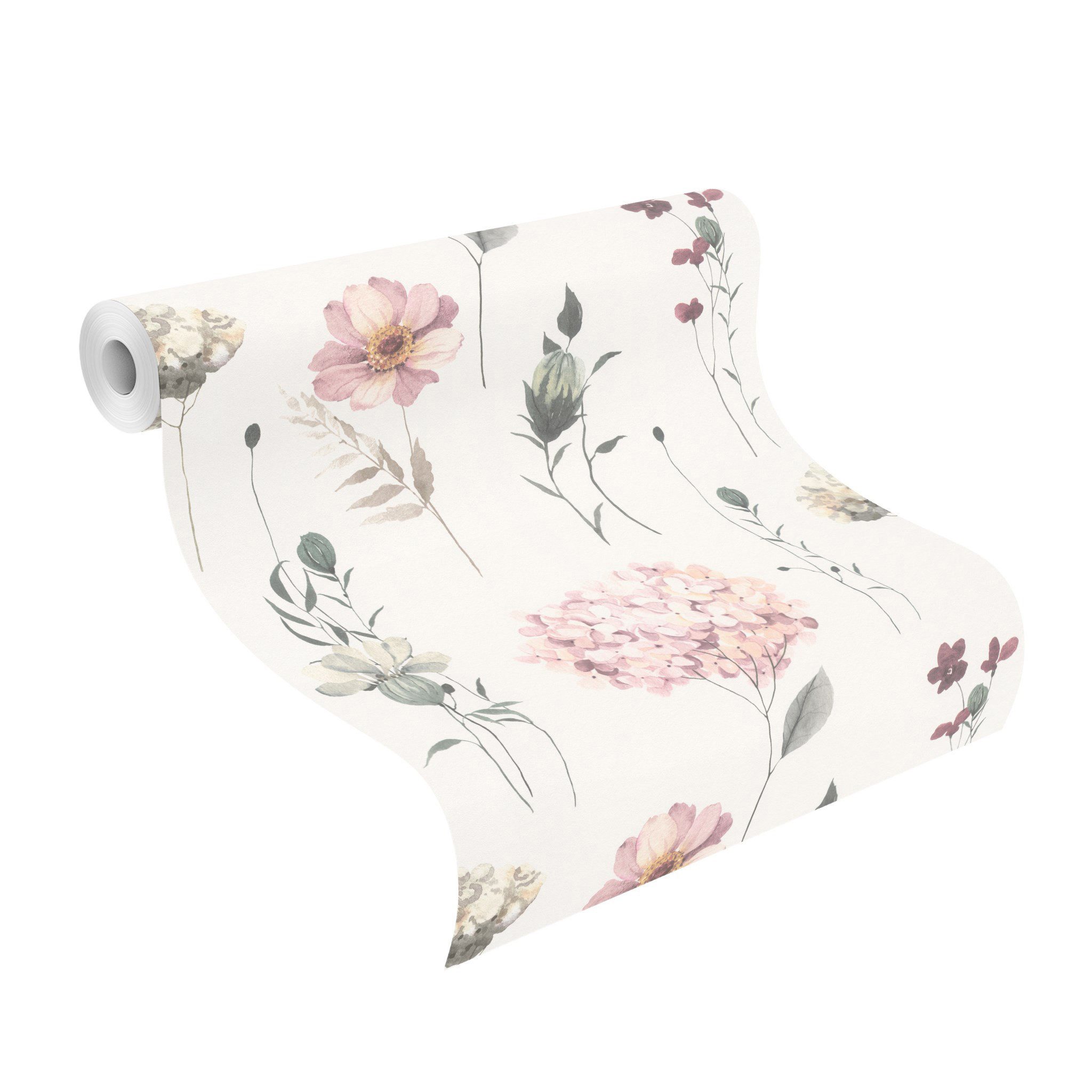 Rasch Vliestapete Hortensien Weiß Creme Grau Grün Rosa, Naturoptik, (1 Rolle, 1 St., Kollektion 'Kids World II' - 10,05 m x 0,53 m), gute Lichtbeständigkeit, fe – Bild 2 von 5
