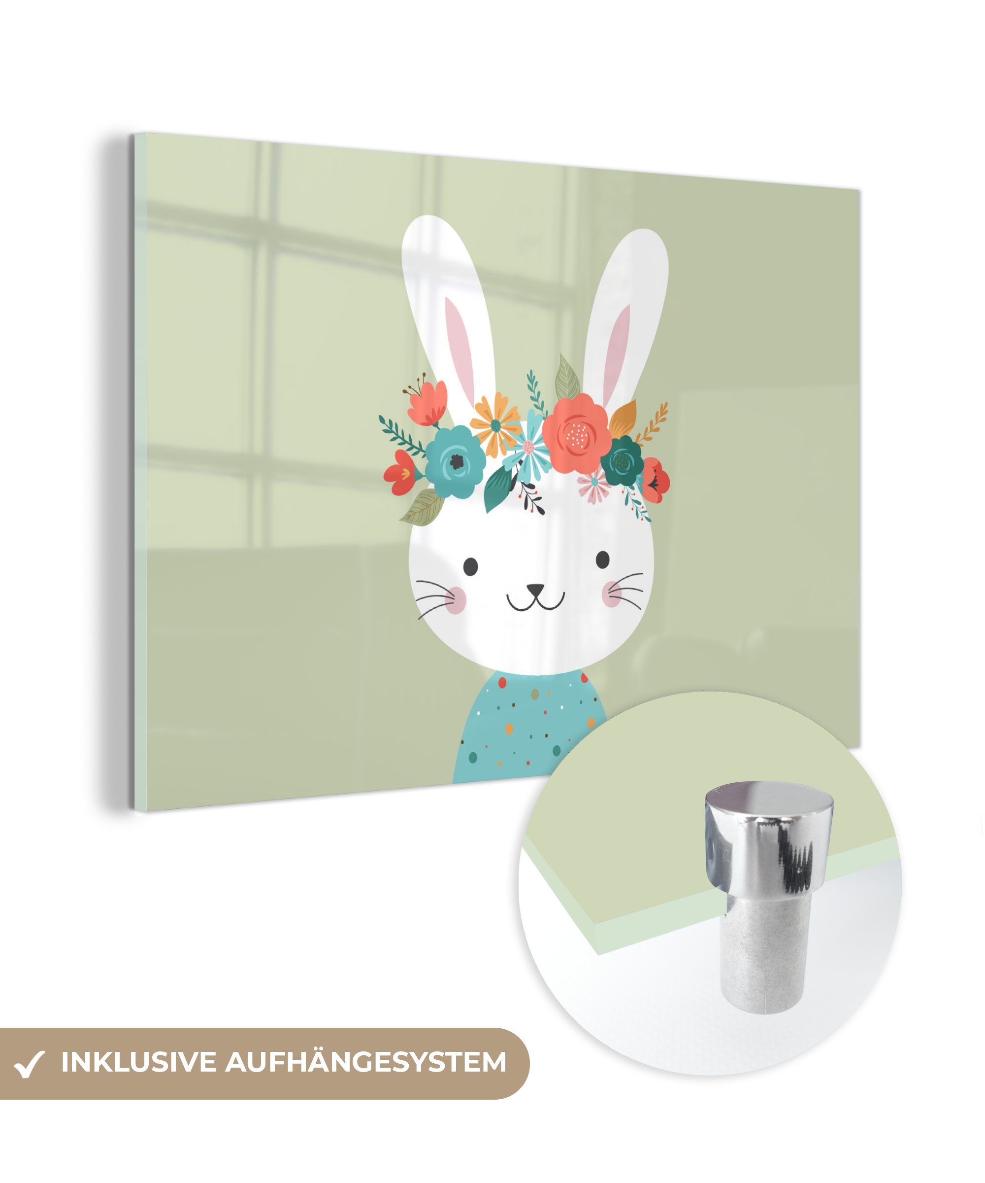 Bilder Kaninchen Wanddekoration Glasbilder auf Blumen, - - Acrylglasbild MuchoWow Foto - Glas Wandbild Sommer - - Glas auf (1 St),