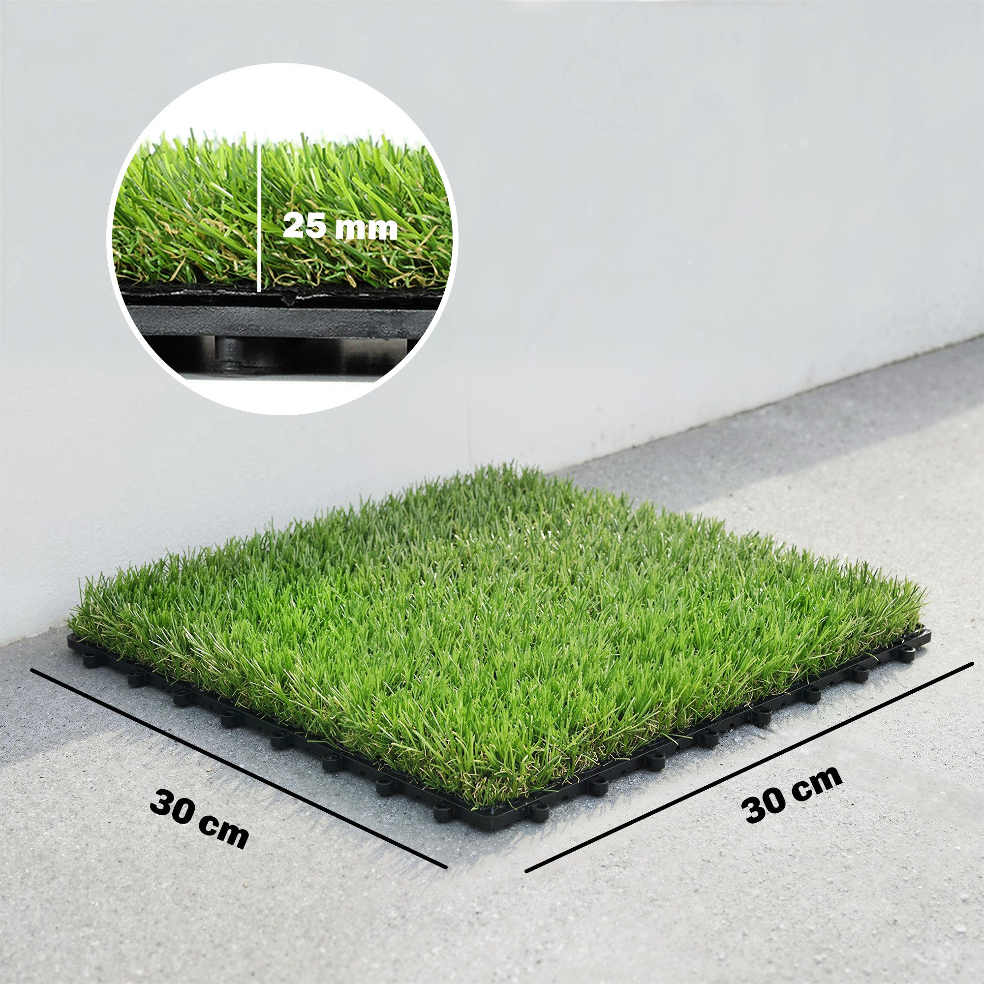 Outsunny Kunstrasen mit Drainagesystem, quadratisch, Höhe: 2.5 mm, für Balkon, Terrasse Garten Outdoor Grün