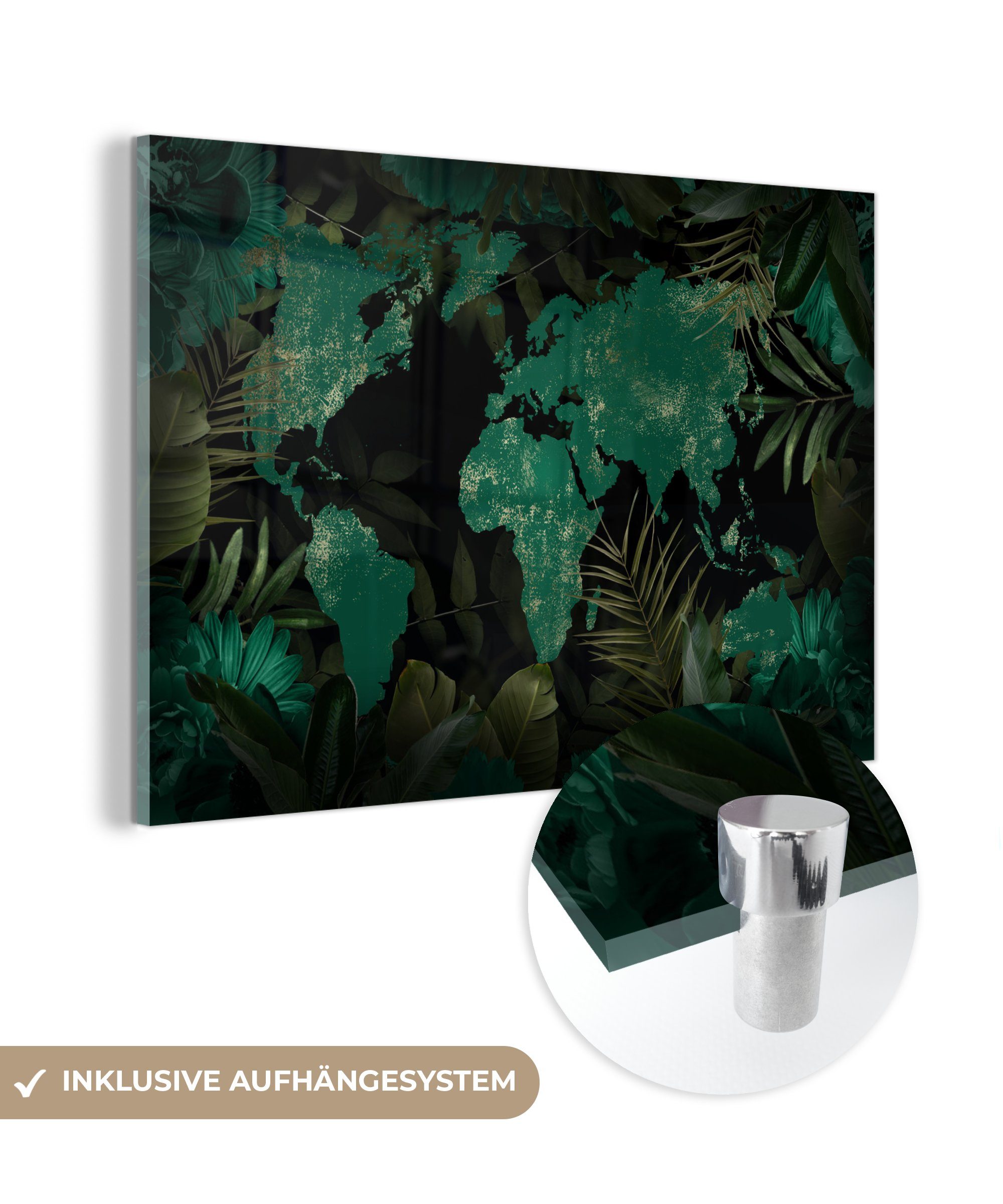 MuchoWow Acrylglasbild Weltkarte - Grün - Blätter, (1 St), Glasbilder - Bilder auf Glas Wandbild - Foto auf Glas - Wanddekoration