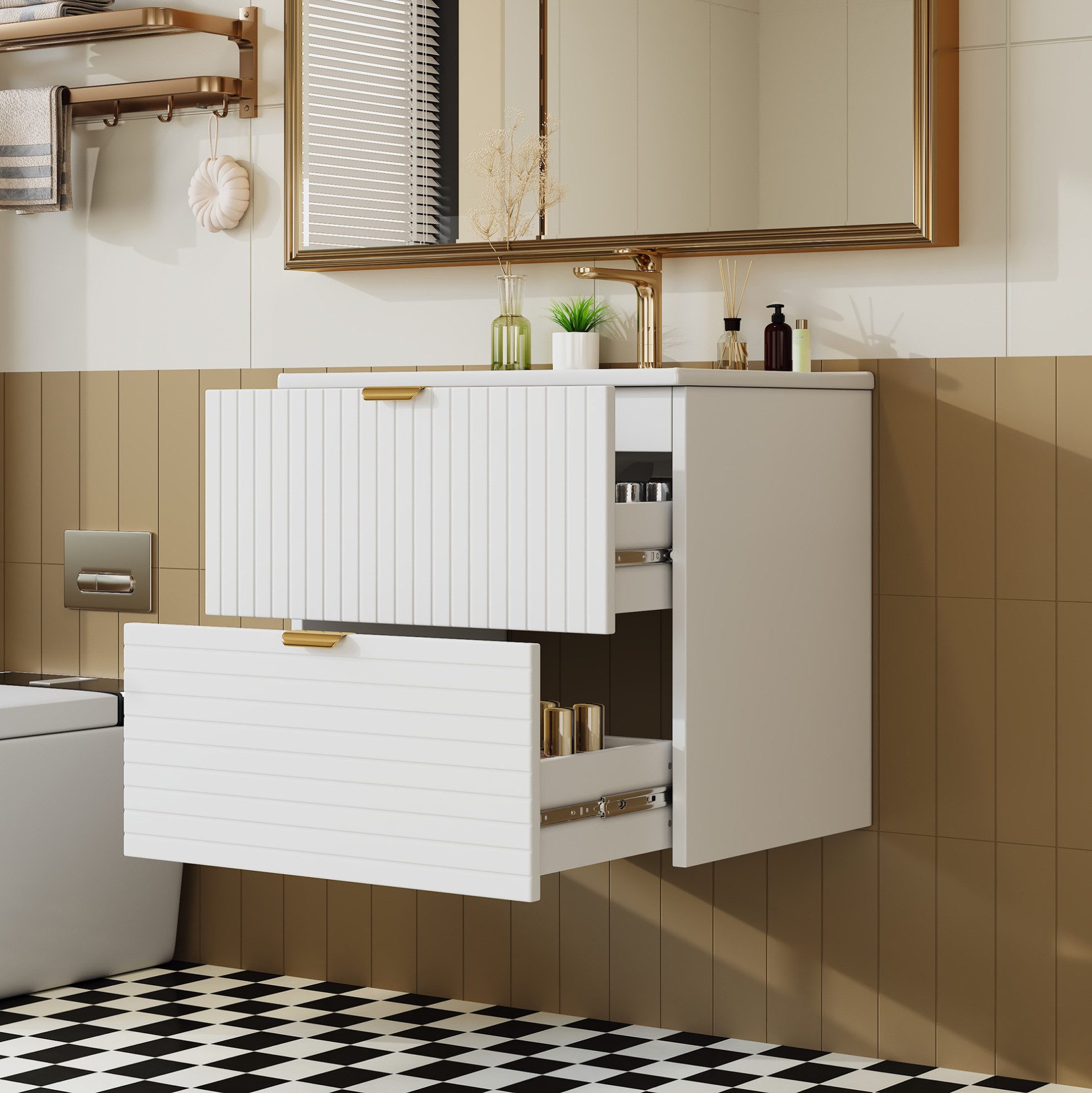 MODFU Waschbeckenunterschrank Bad Waschtisch wandmontiert 61x46x57 cm, Badezimmerschrank (Badschrank aus MDF mit 2 leisen Schubladen, vertikaler und horizontaler Struktur sowie Becken)