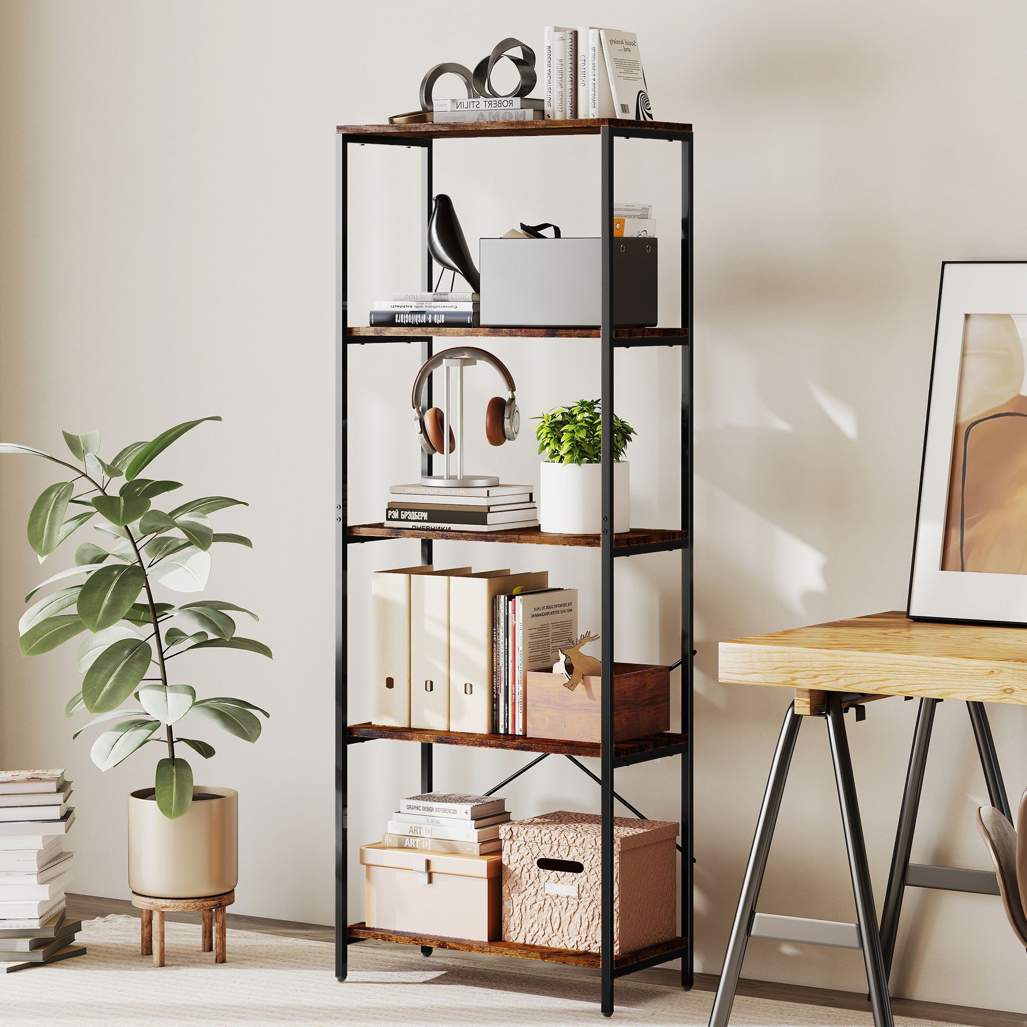 HOMCOM Bücherregal Industrielles Büroregal mit Metallrahmen, offenes Standregal, Standregal mit 5 Ebenen 1-tlg., für Wohnzimmer, Büro, Arbeitszimmer, 79x35x161cm, Rustikal-Braun