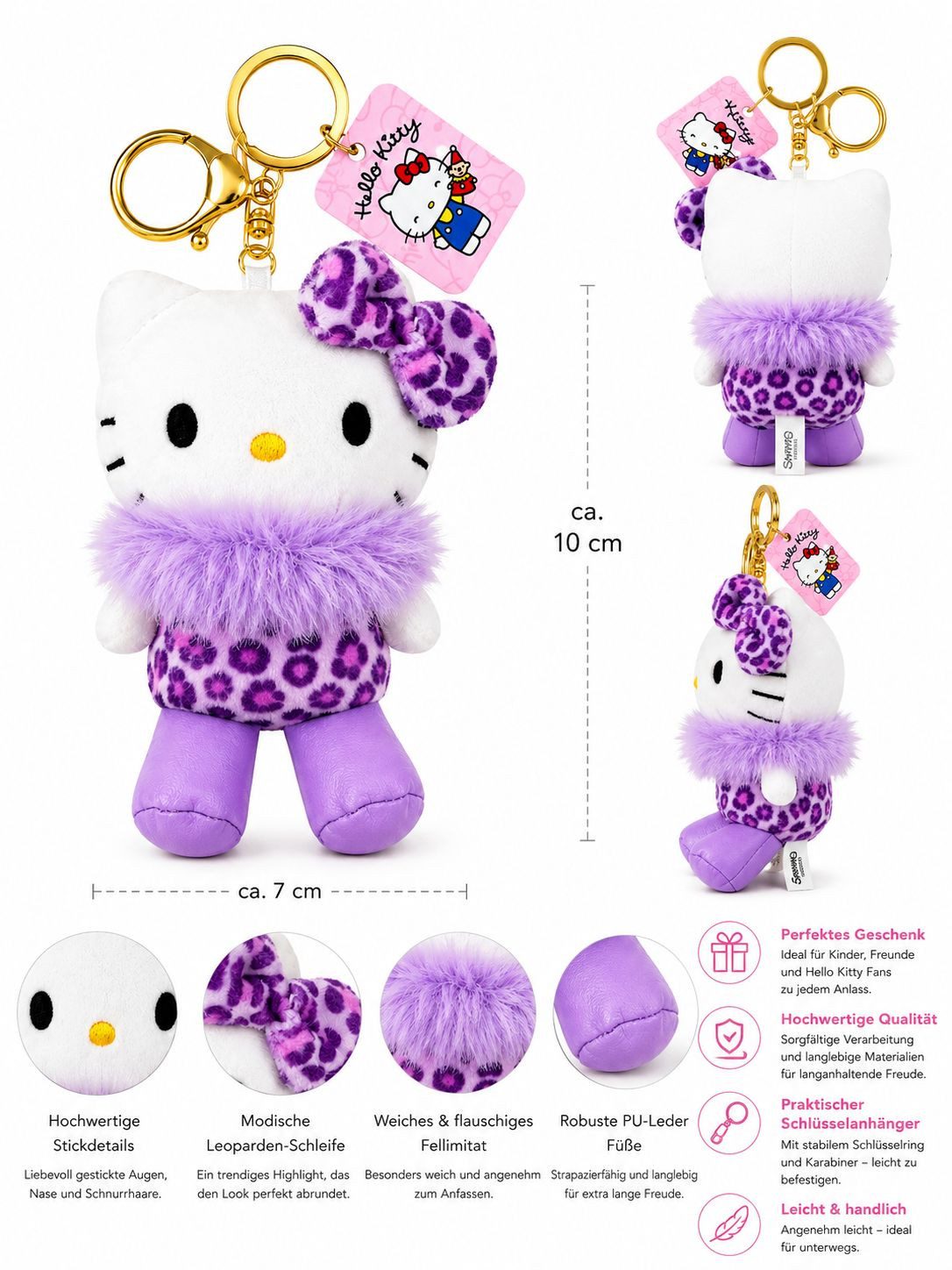 SANRIO Plüschanhänger Hello Kitty Bagclip Kuscheltier Plüsch lila Schlüsselanhänger 10cm (Set, 1-St., Plüschtier mit Anhänger), Weicher Taschenanhänger mit Leo-Design, Clip und Schlüsselring