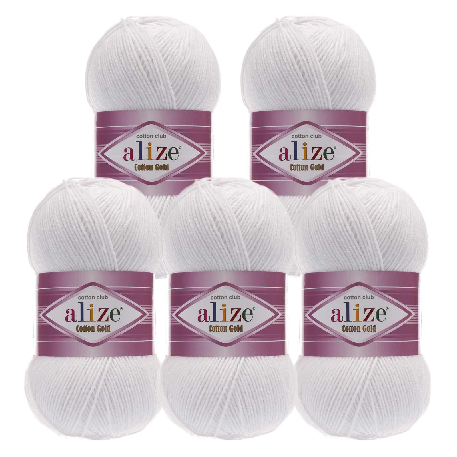 Alize 5 x 100g Strickgarn Alize Cotton Gold Uni Klassikgarn Häkelgarn Häkelwolle, 1650 m, 55 weiß