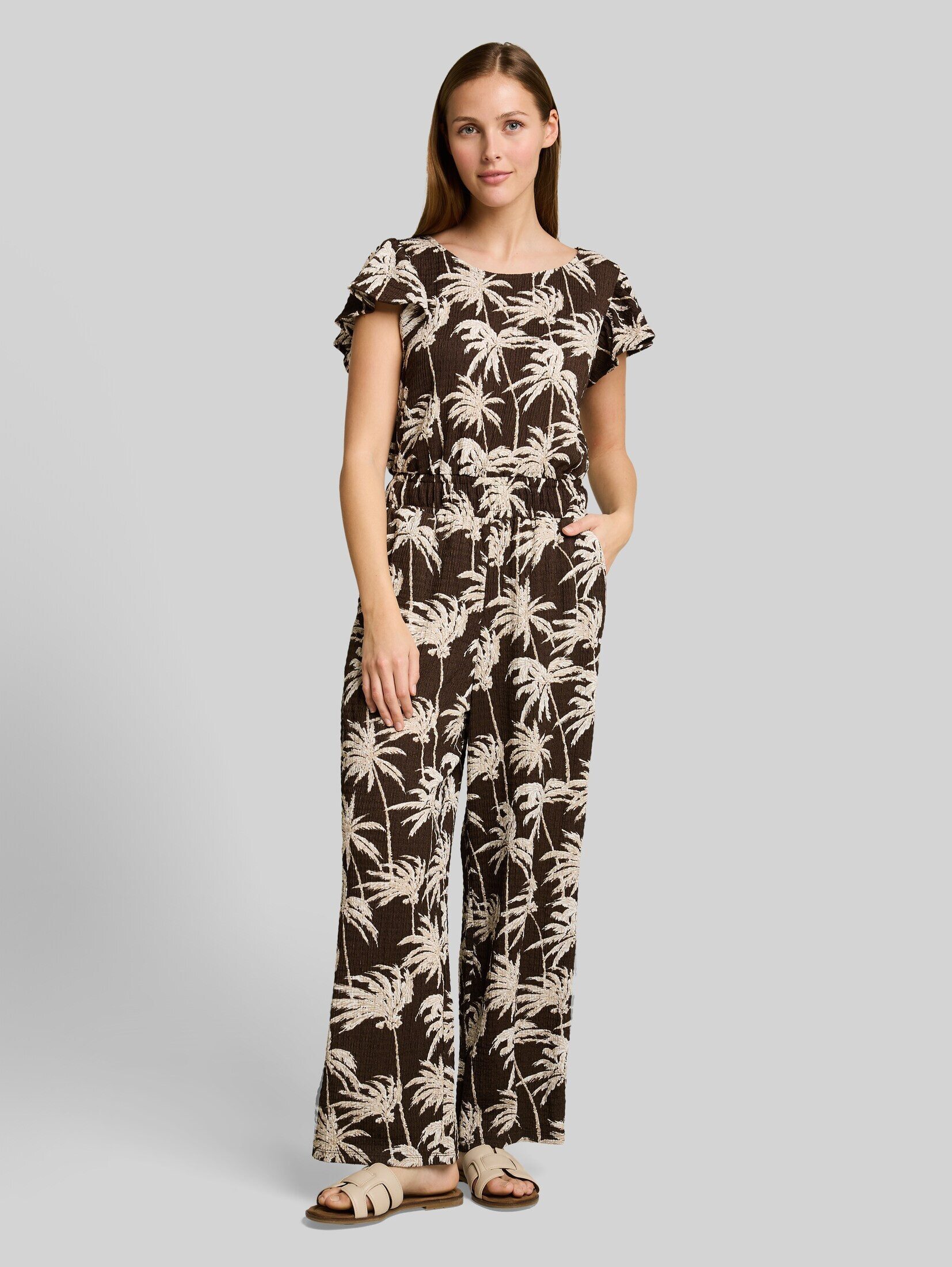 TOM TAILOR Denim Jumpsuit Overalls Crinkle Jumpsuit mit Rüschenärmeln