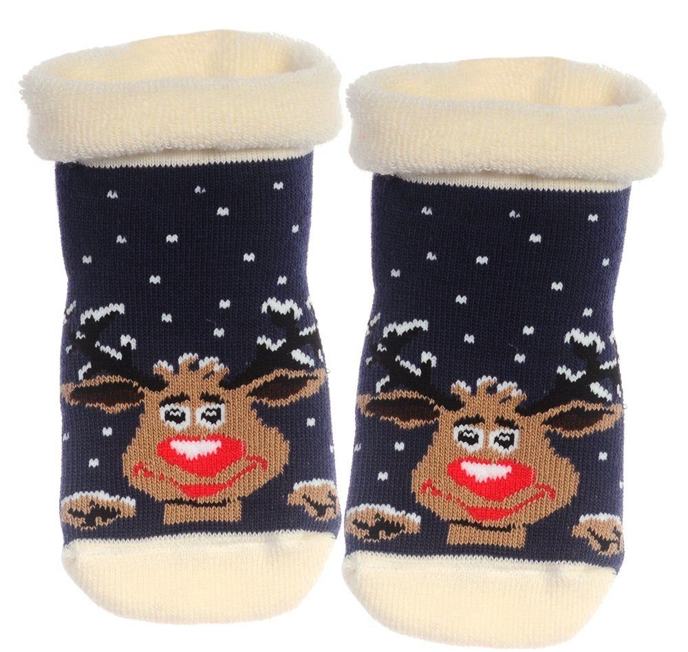 Martinex Thermosocken Socken für Baby Kleinkinder warme Hüttenschuhe mit Rentier 20 21 23 25 27 29 30 31 33 35 37 mit ABS Noppen, aus Frottee-Stoff