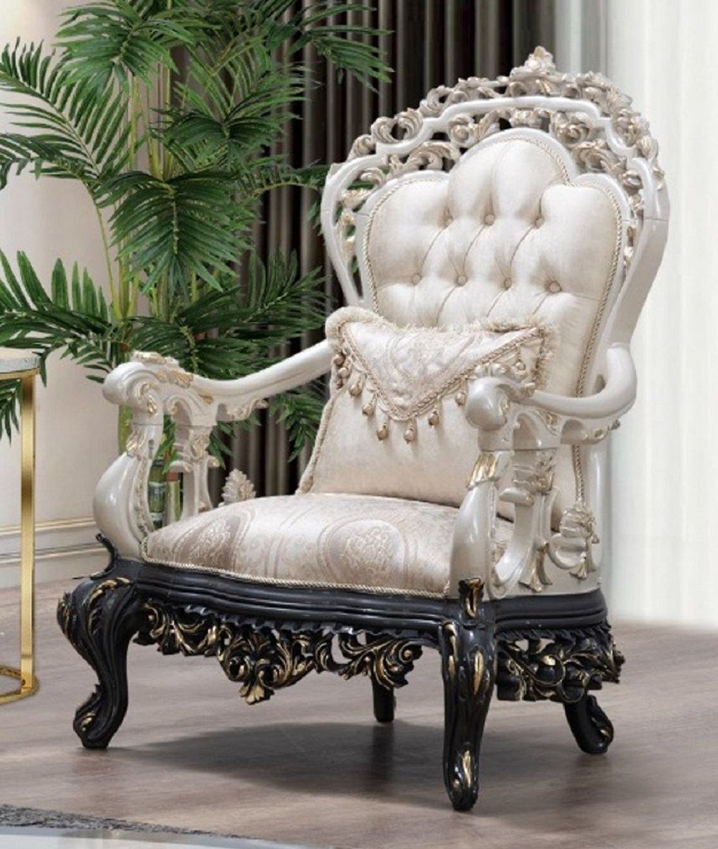 Casa Padrino Sessel Luxus - / Wohnzimmer Grau Barock Hotel Muster & Creme / - mit Weiß Edel Wohnzimmer Barock Möbel & Prunkvoller Prunkvoll - / Gold / Sessel Sessel elegantem Beige