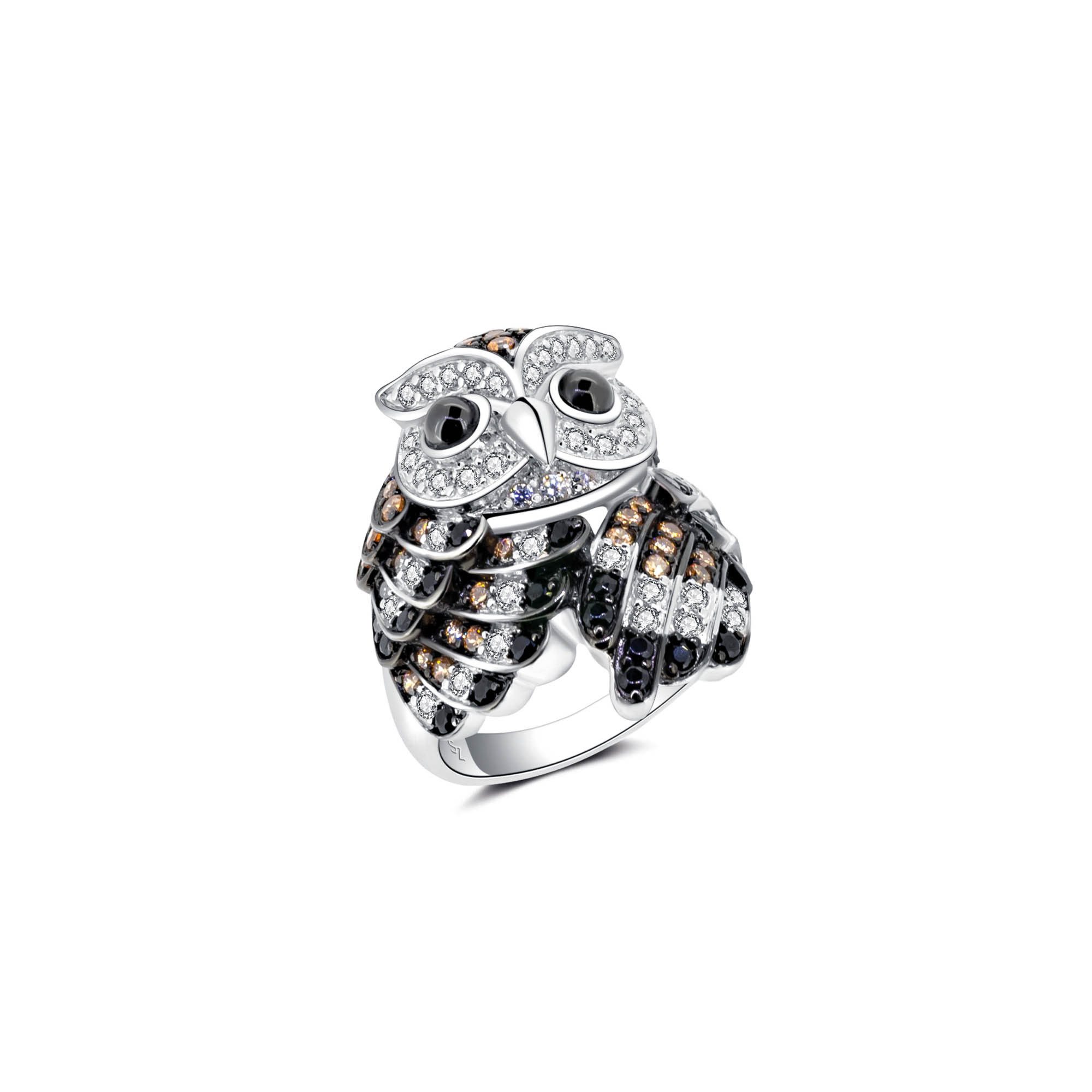 Seinerzeit FLORA & FAUNA Silberring Alex Eulen Ring (1-tlg), Material: 925 Sterling Silber, rhodiniert, geschwärzt
