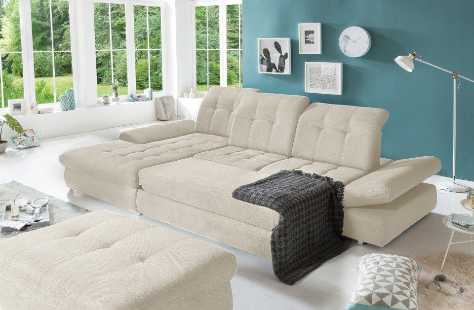 Schlaffunktion, Creme Sitztiefenverstellung, Bettkasten, Ecksofa, Tonia Kopflehnefunktion Areta mit Myhomelando Ecksofa