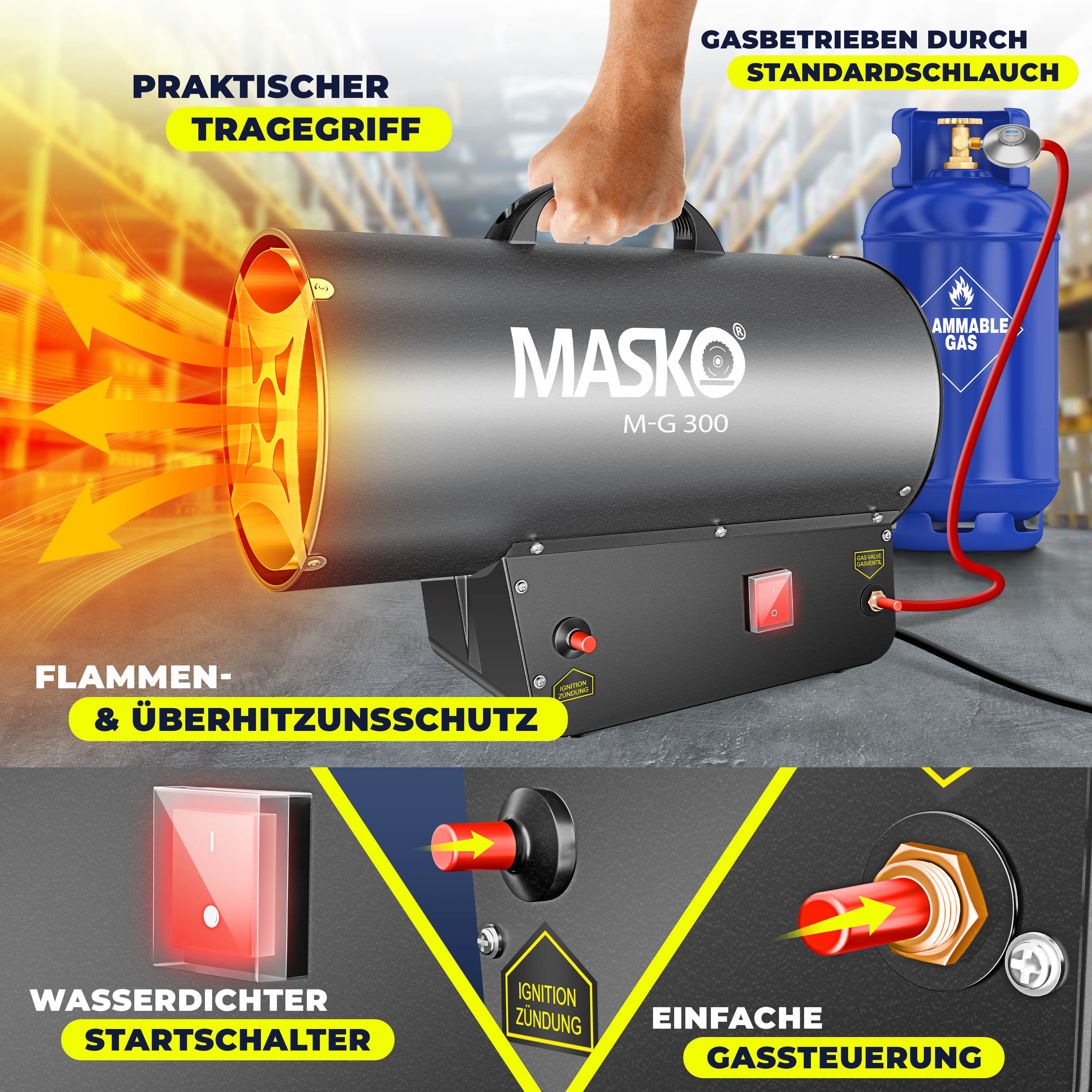 MASKO Heizgerät gasbetrieben inkl. Gasschlauch & Druckminderer Anschluss zu Gasflasche, 30000 W, Gas Heizlüfter mit Turbo Ventilator, Gasheizer Piezo-Zündung