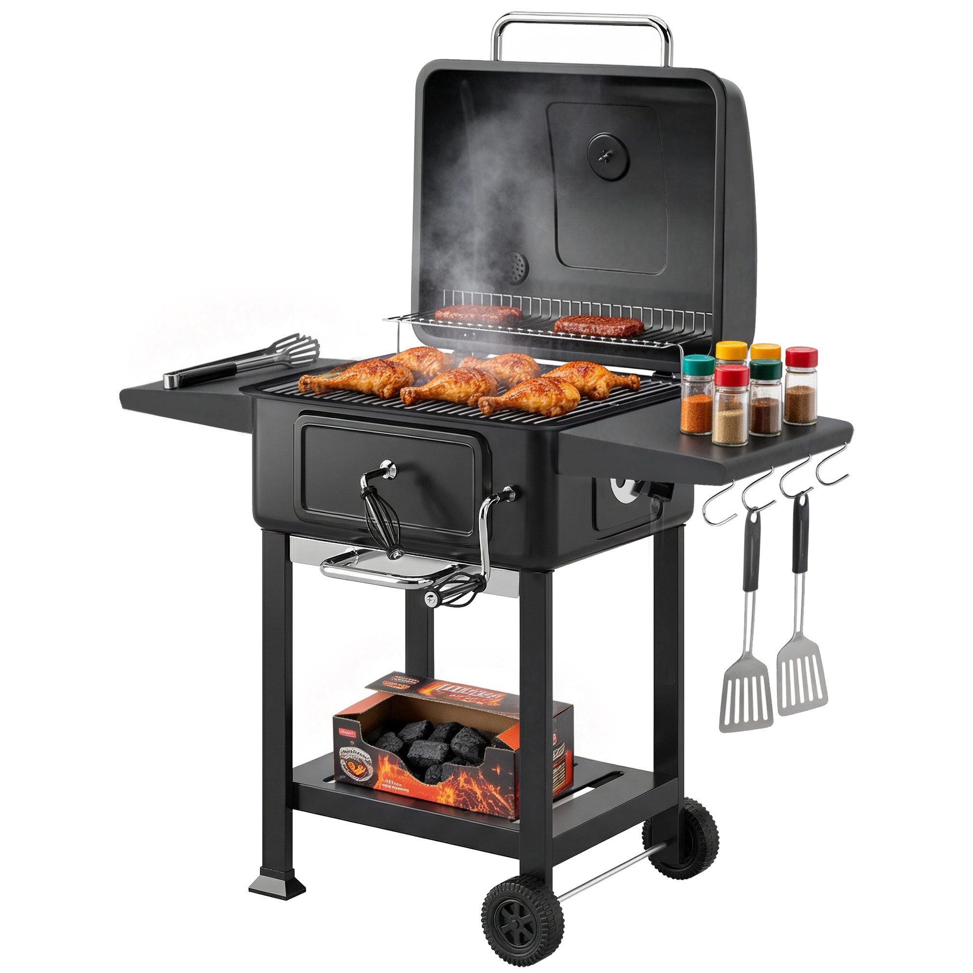 Outsunny Holzkohlegrill mit Deckel, Thermometer, höhenverstellbar Kohlepfanne, Kamin, BBQ Smoker, Grillwagen, für Camping Garten
