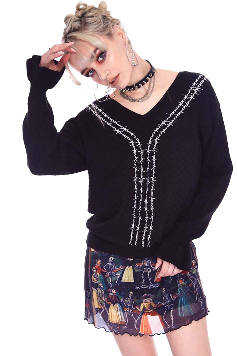 Jawbreaker Strickpullover Barbed Wire Strickpullover Bestickt Gothic Punk Grufti