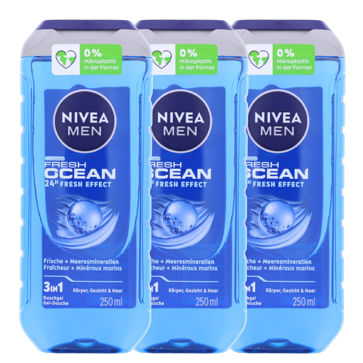 Nivea Duschgel 3 x NIVEA MEN Fresh Ocean Duschgel je 250ml 3in1 mit maritimem Duft