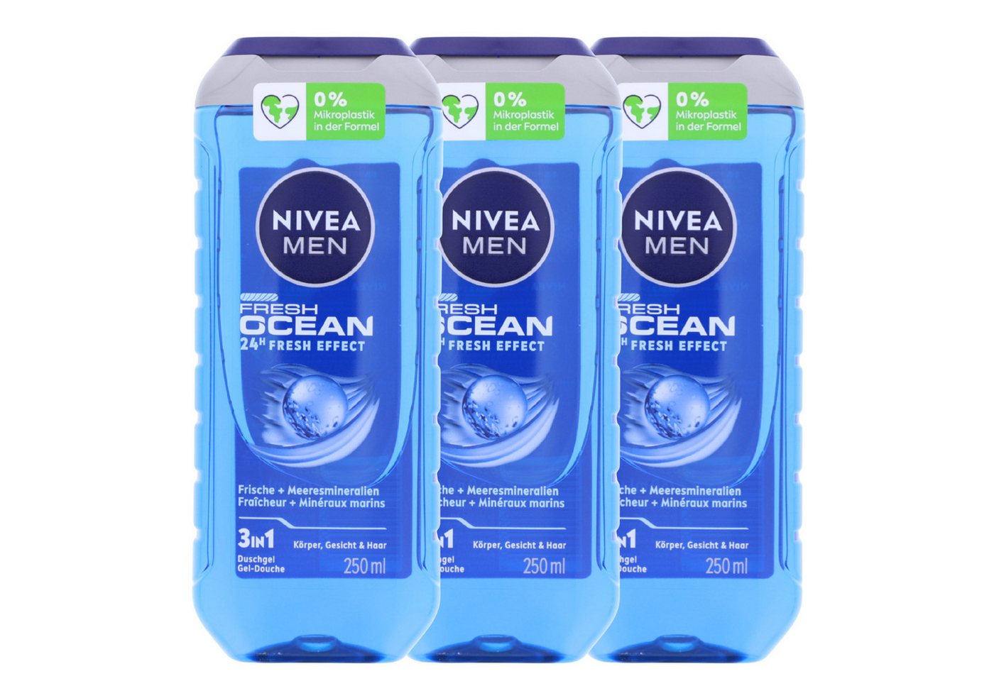Nivea Duschgel 3 x NIVEA MEN Fresh Ocean Duschgel je 250ml 3in1 mit maritimem Duft