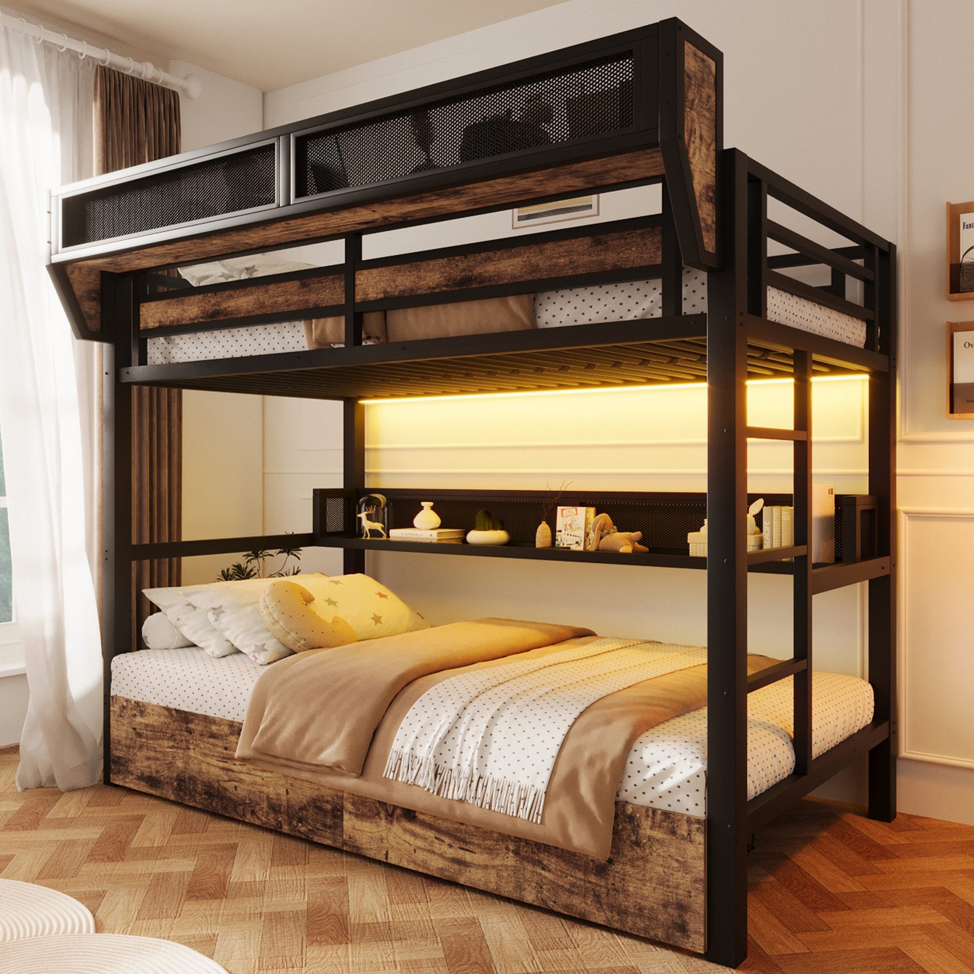 Flieks Etagenbett, Metallbett 90x200cm mit Schubladen LED-Beleuchtung Aufbewahrungskorb