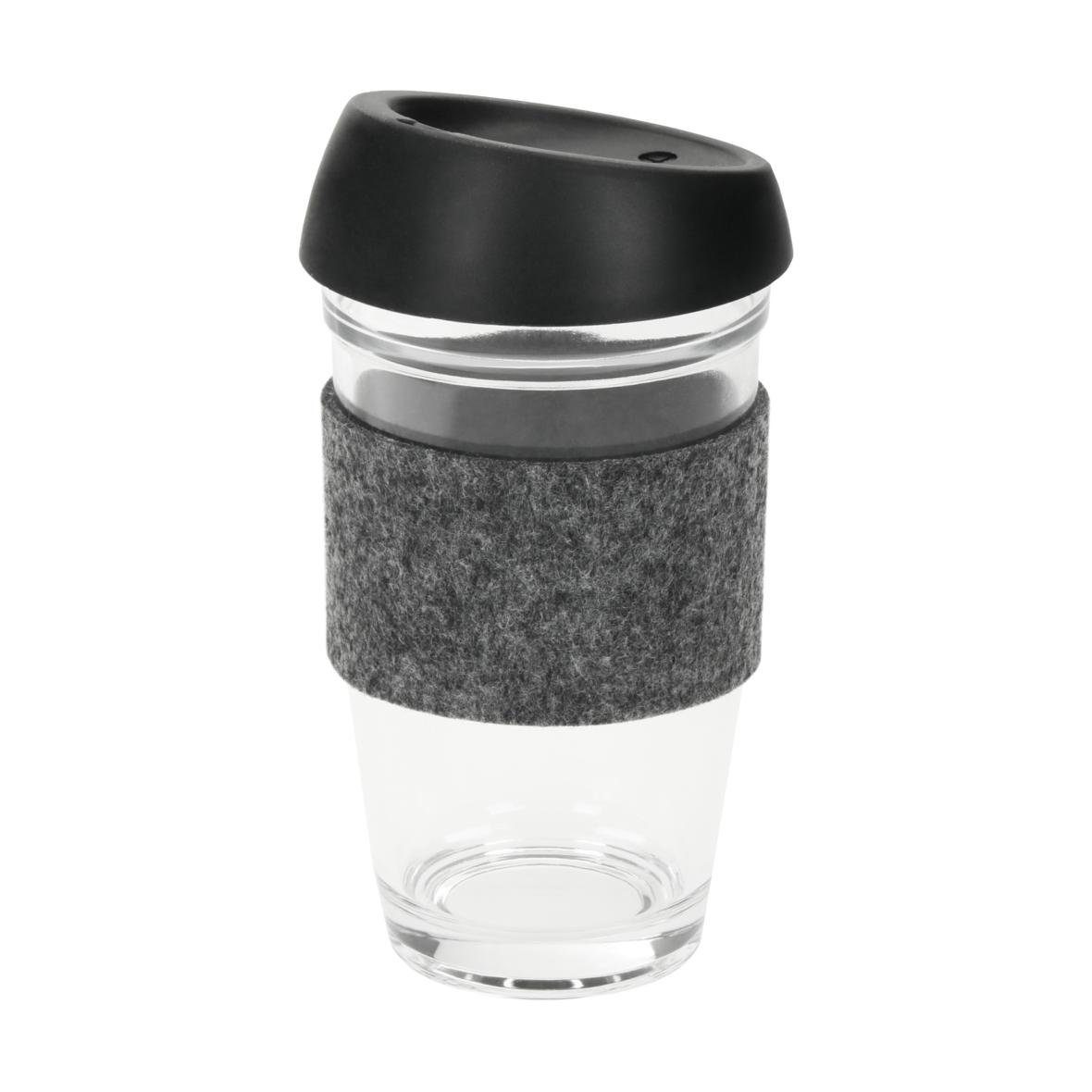 elasto Becher 500ml Kaffeebecher aus Glas mit Silikon-Deckel inkl Filzmanschette, Coffee Mug, Teeglas, Kaffeeglas, Heißgetränke, Filzmanschette, To-Go