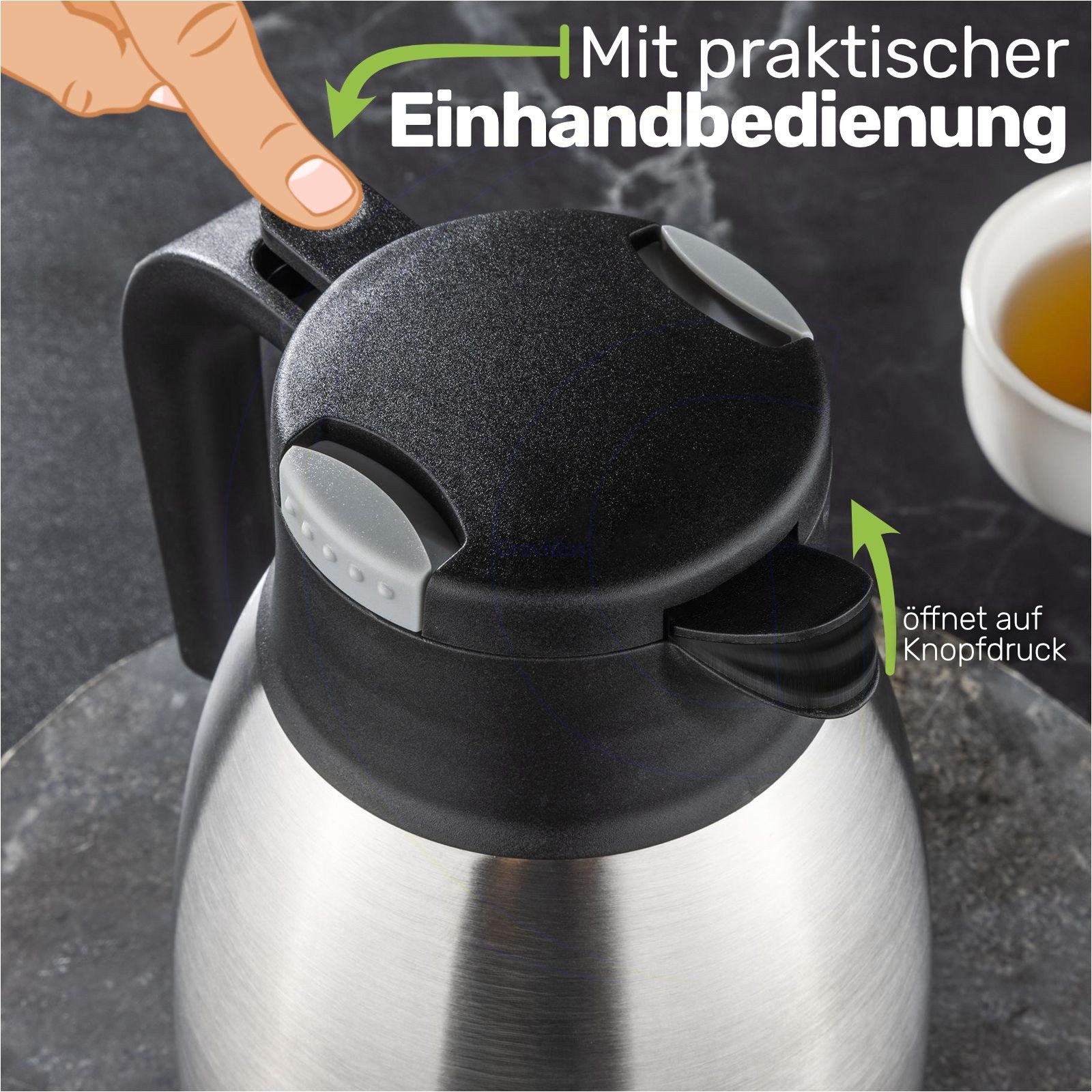 Gravidus Isolierflasche Edelstahl Isolierkanne 1,5 Liter mit Einhandbedienung – Bild 2 von 5
