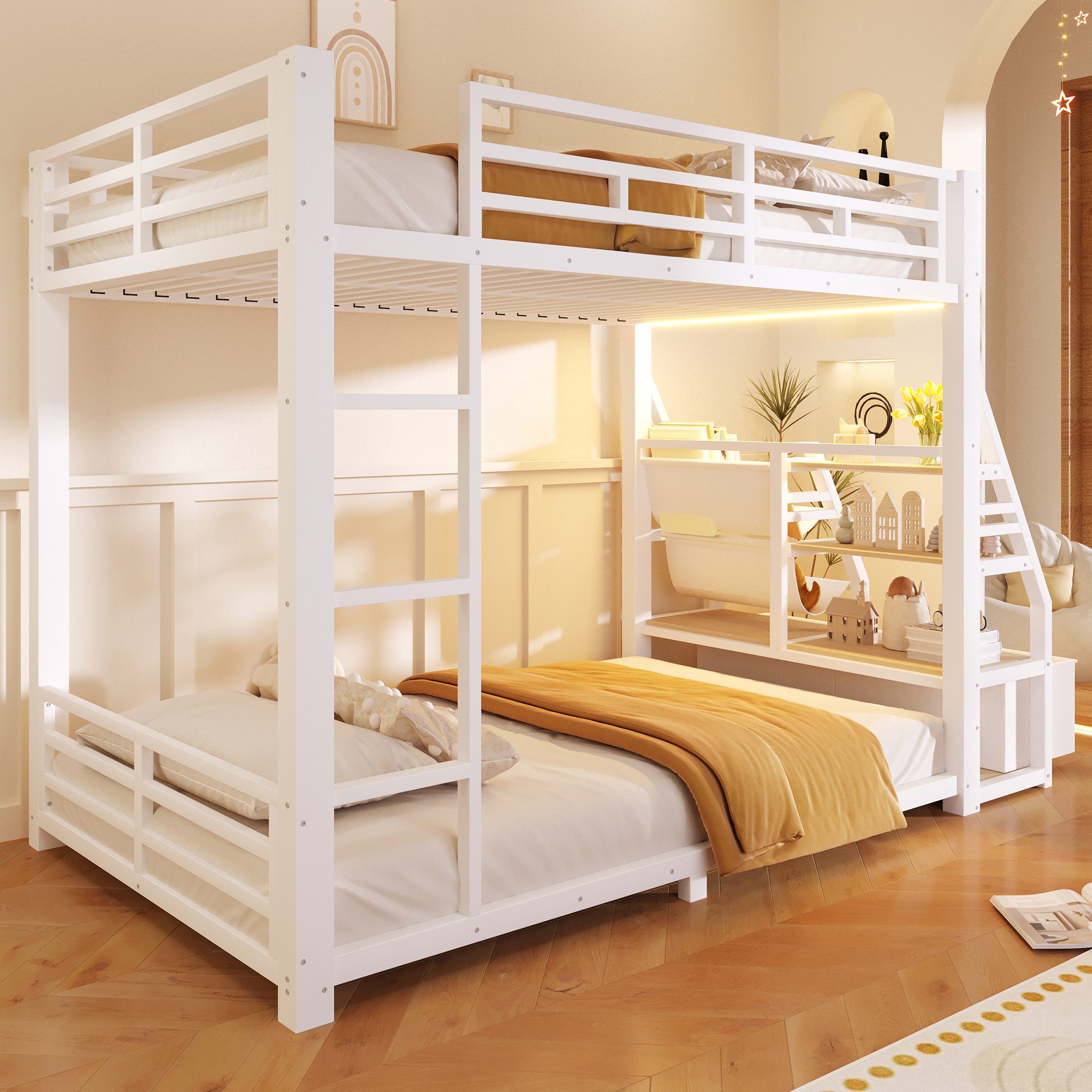 Flieks Etagenbett, Metall Kinderbett 90x200cm mit LED-Beleuchtung und seitlichem Stauraum