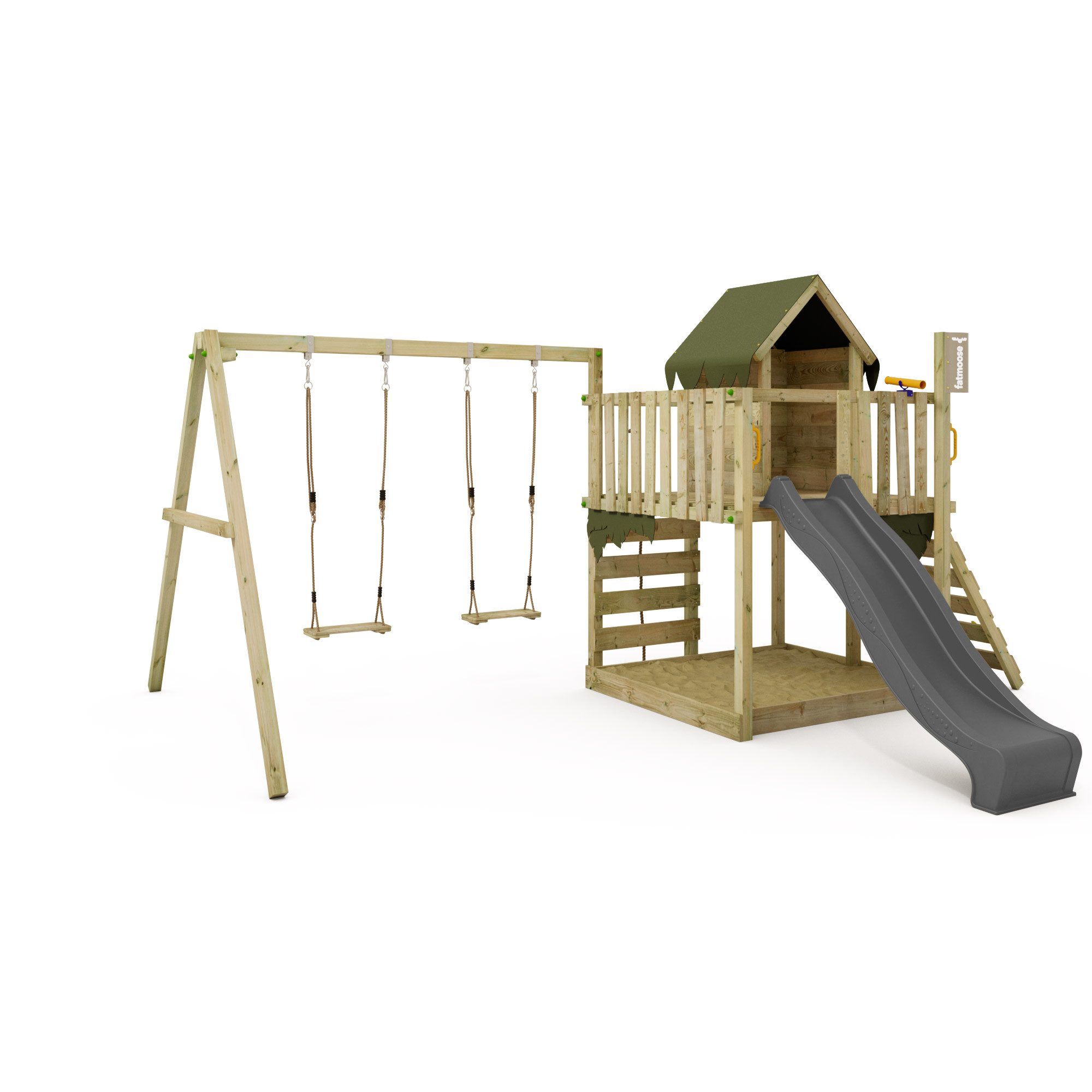 FATMOOSE Klettergerüst JazzyJungle Jam XXL mit Schaukel – Spielturm mit Rutsche, (Outdoor-Spielhaus mit Kletterwand, Wellenrutsche & Sicherheitshandgriffen für aktive Kinder, Kletterturm für kleine Entdecker & Freunde – perfekt für Rollenspiele), extrem witterungsbeständig mit 10 Jahren Garantie*