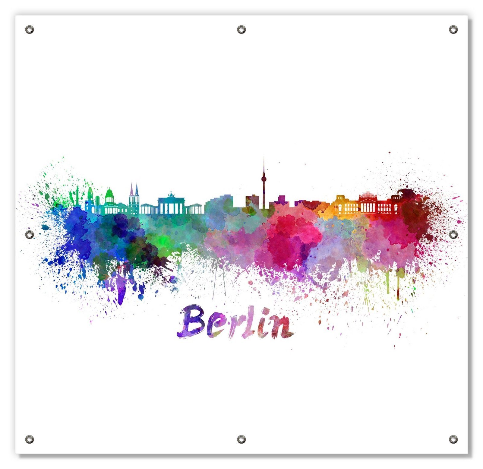 Sonnenschutz Städte als Aquarell - Skyline von Berlin, Wallario, blickdicht, mit Saugnäpfen, wiederablösbar und wiederverwendbar