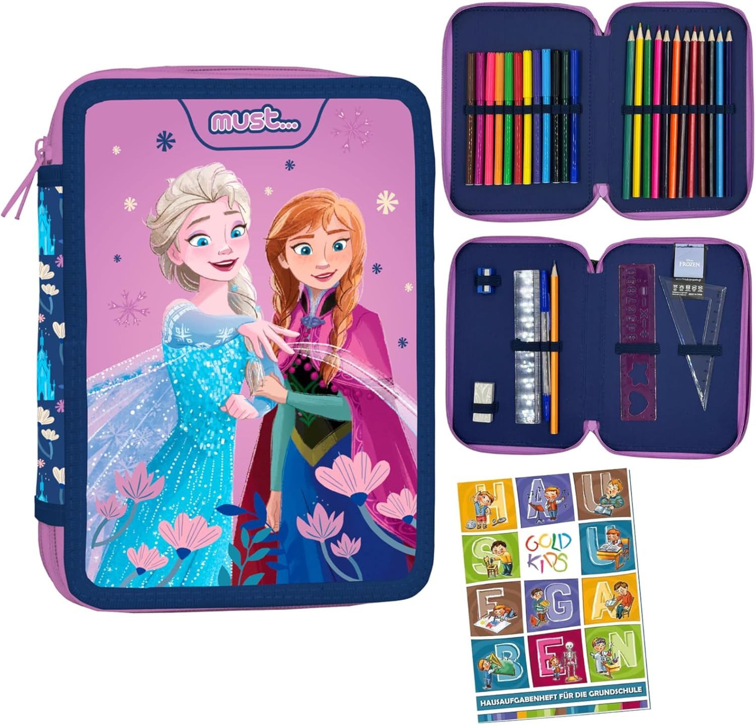 GOLDKIDS Federmäppchen 2 Fächer - Mäppchen für Jungen und Mädchen -, (Federmappe 2-Fach Federtasche, Gefüllte Schüleretui), Schulmäppchen und Hausaufgabenheft