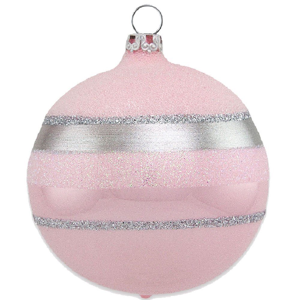 Thüringer Glasdesign Weihnachtsbaumkugel Ø 8 cm - Glitterstreifen Rosa Opal (3 St), aus Glas