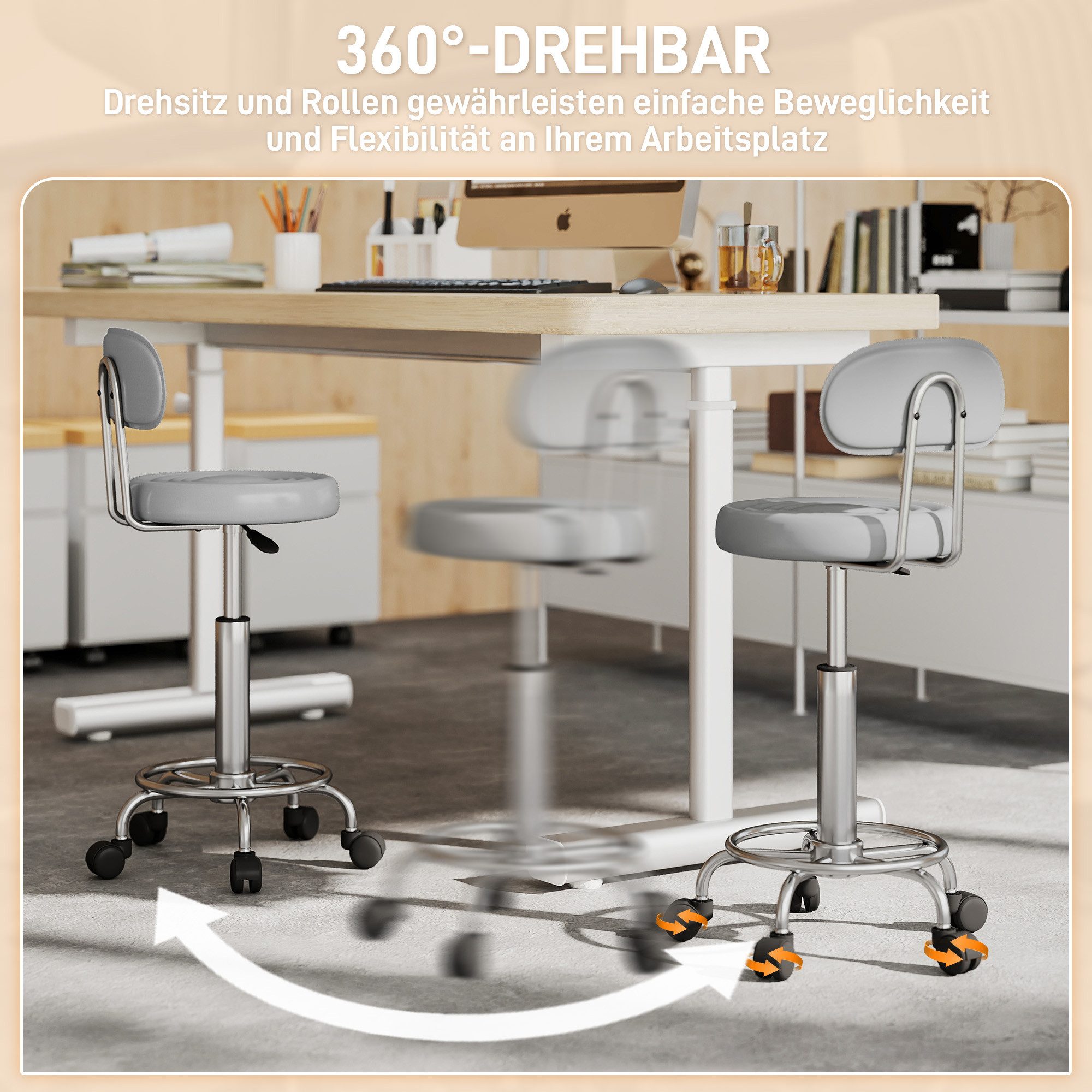 HOMCOM Drehhocker Rollhocker höhenverstellbar Drehbar Salon Hocker mit Lehne (Arbeitshocker, 1 St., Bürohocker), für Büro, Grau – Bild 5 von 5