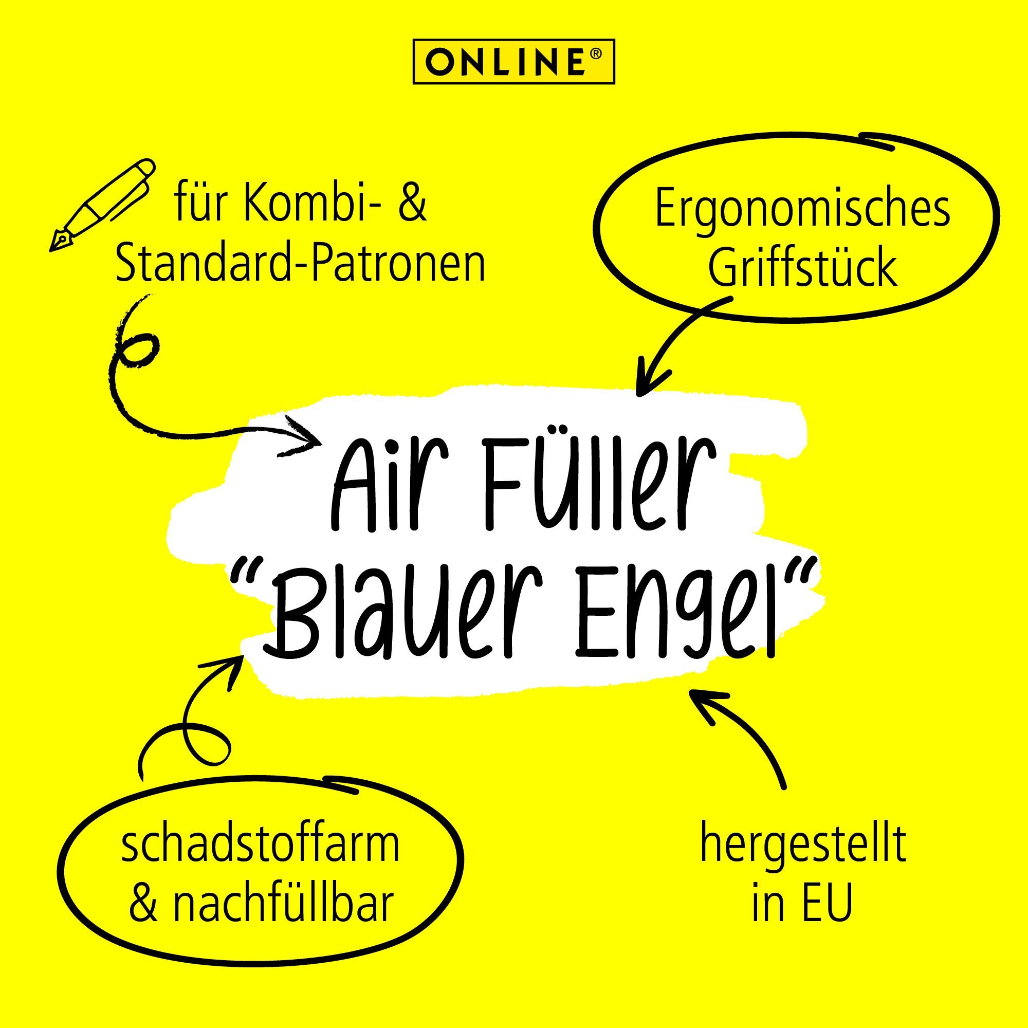 Grau für ergonomisch, Pen Engel Online ideal Schule Air, Blauer Füller die Füller Zertifiziert,
