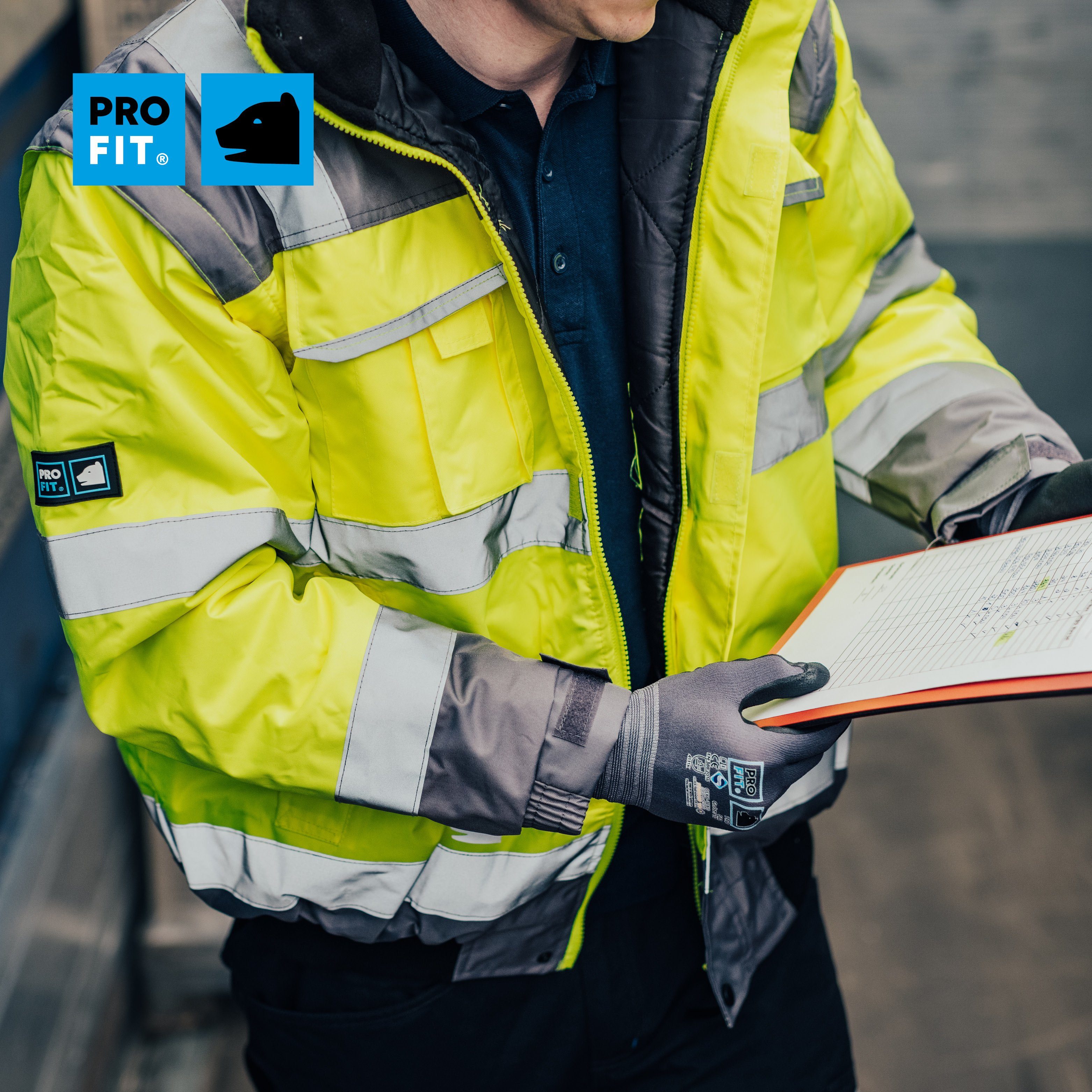 PRO FIT by Fitzner work jacket, high-visibility pilot jacket, breathable, unisex, neon yellow/grey (1 pc), wind and water resistant, detachable sleeves, reflective stripes