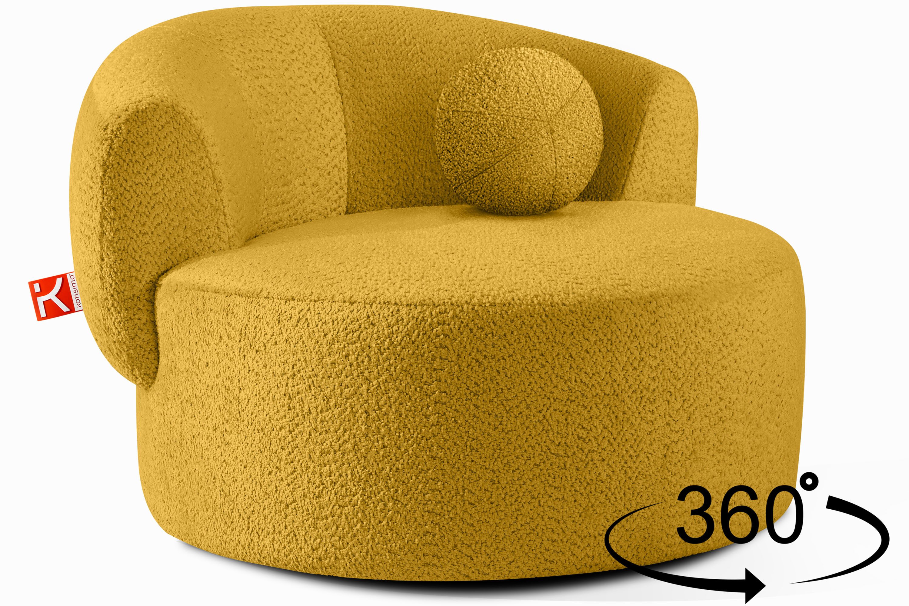 KONSIMO® Drehsessel VIRA mit drehbarem Metallfuß, hergestellt in der EU (Sessel, Polstersessel, Loungesessel), mit dekorativem Rundkissen, Modern, organische Form