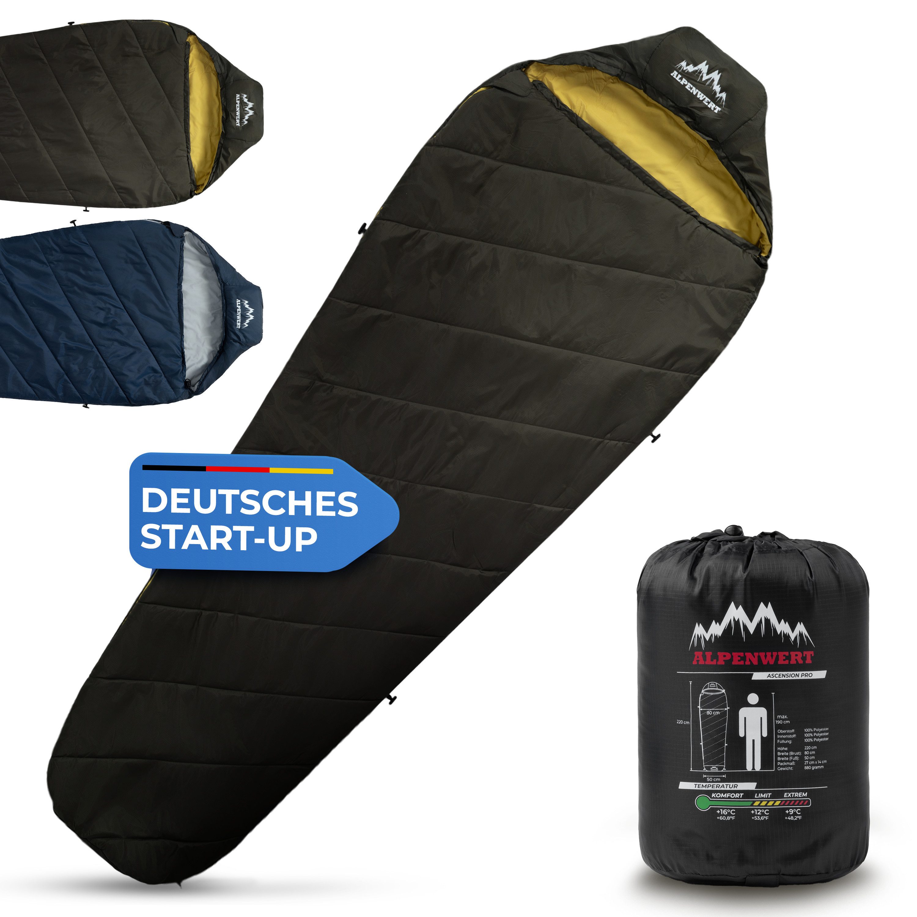 Alpenwert Mumienschlafsack Ultraleicht & kompakt, wasserabweisend, atmungsaktiv Camping & Outdoor, Sommerschlafsack, 2 Wege Reißverschluss, wattiert