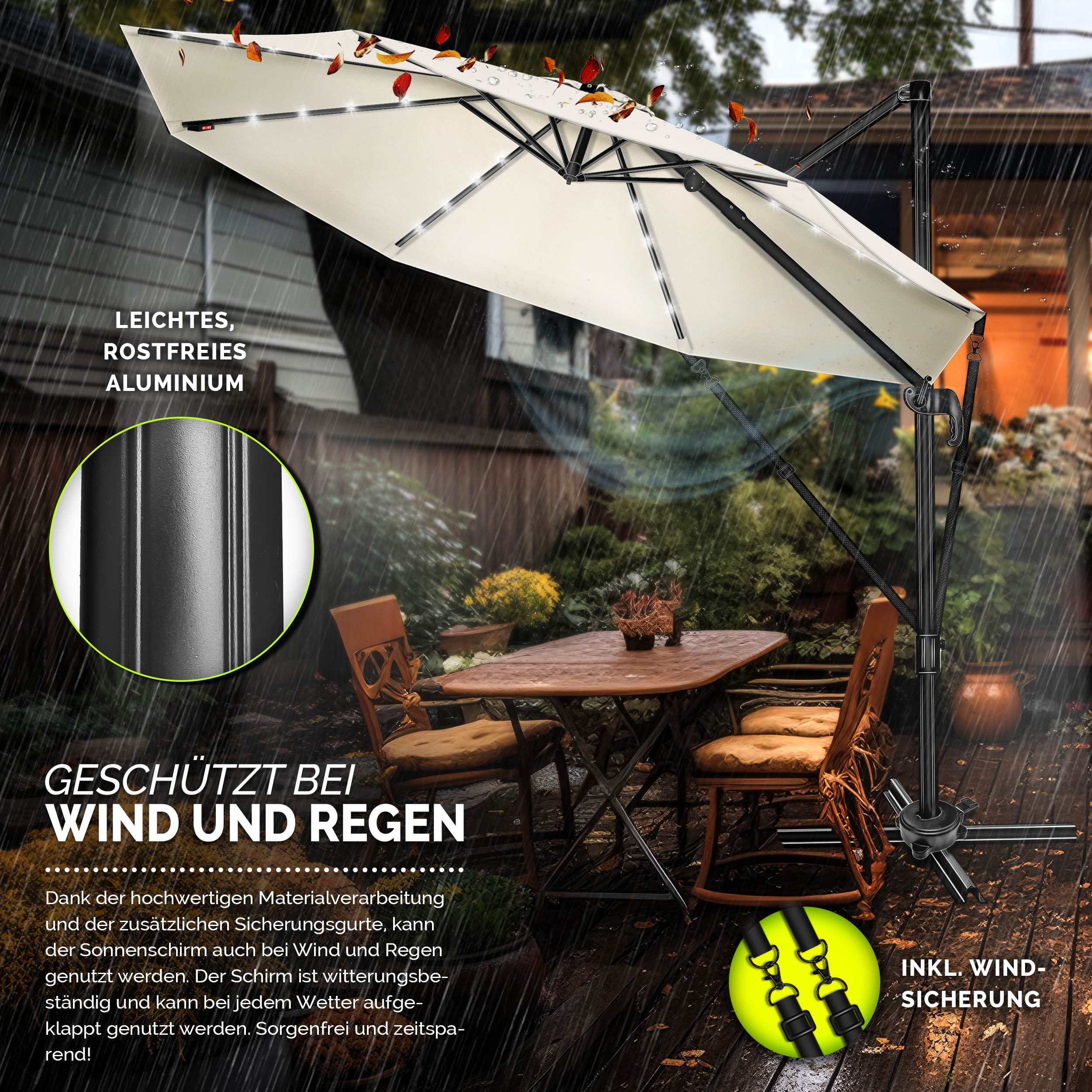 tillvex Sonnenschirm tillvex® LED Premium Alu Sonnenschirm 330 cm + Abdeckung & Windsicheru, Premium-Series, inkl. Regenabdeckung, Ampelschirm 6-fach Verstellba – Bild 4 von 5