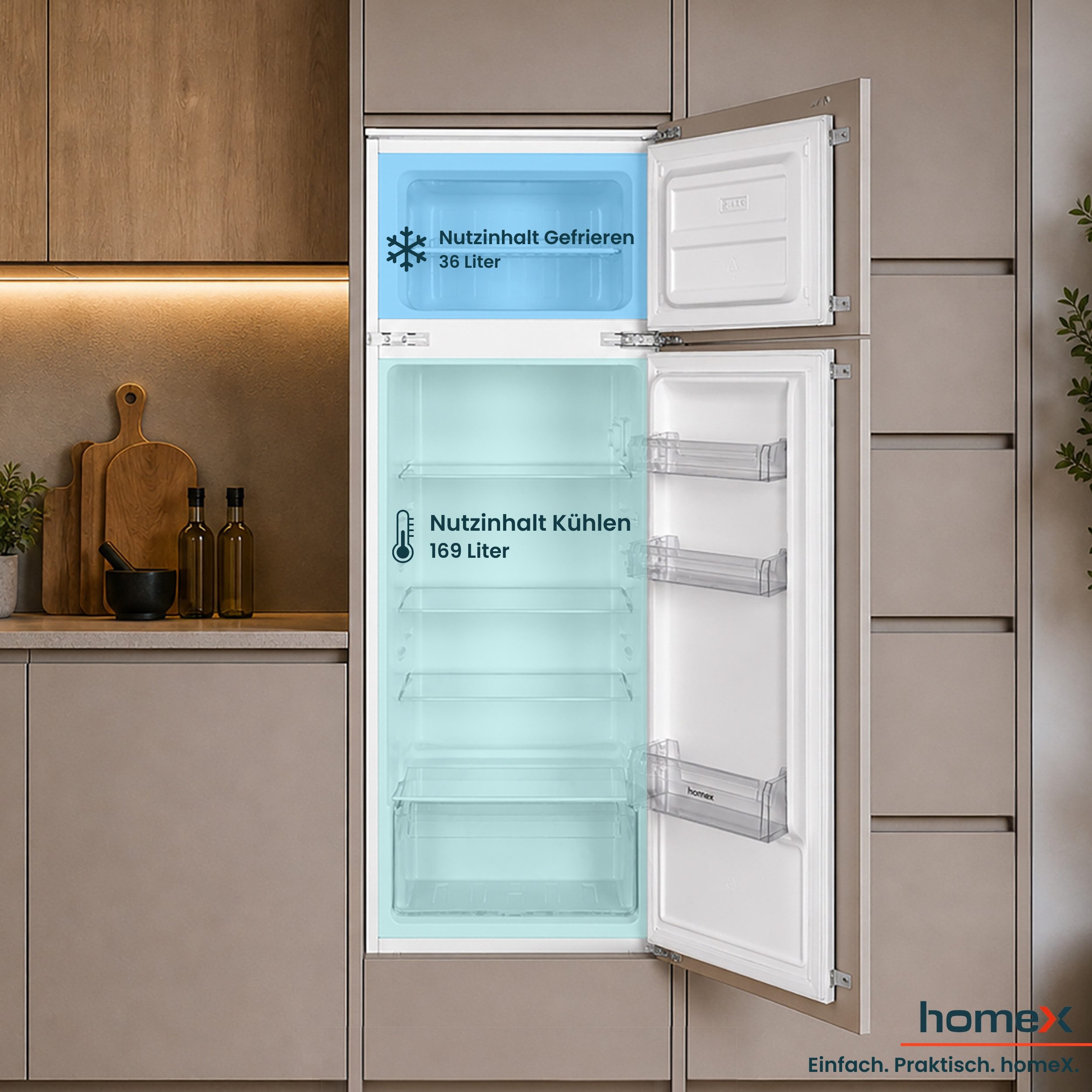 homeX Einbaukühlgefrierkombination CFB2051E, 145 cm hoch, 54 cm breit, 205 Liter, Einbaukühlschrank mit Gefrierfach, 145cm hoch, Schlepptür – Bild 5 von 5