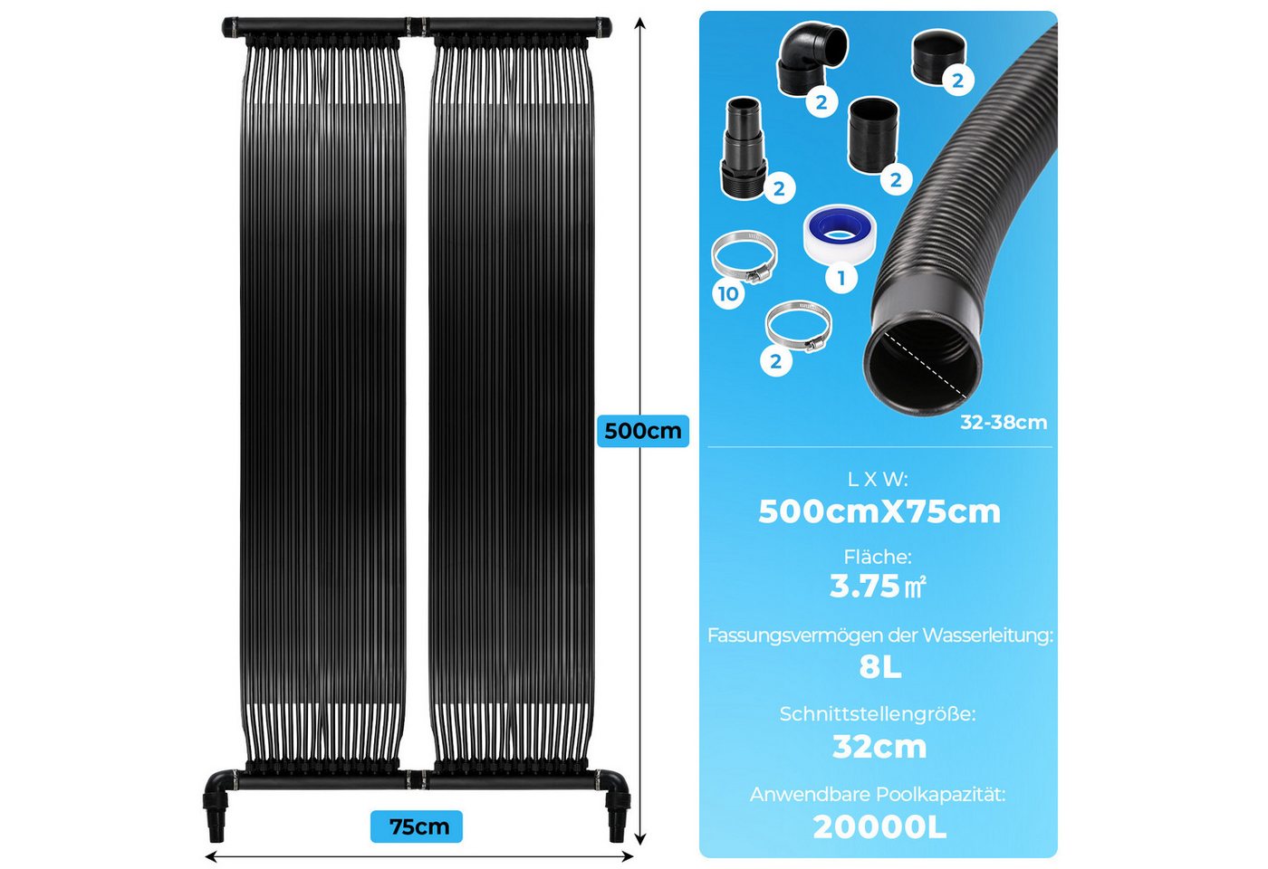 Thumbnail - TLGREEN Pool-Solarkollektor Pool-Wärmepumpe,Solarmatte Heizmatte,UV-beständiger, 500 x 75cm,Beliebig erweiterbar,Wärmepu...